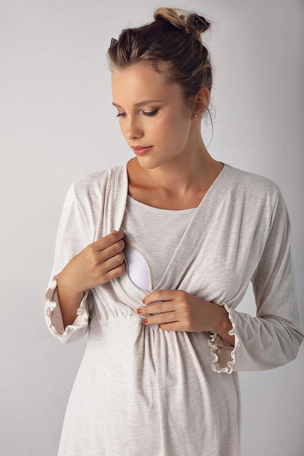 Double Breasted Maternity & Nursing Pajama Set Beige - 13201
