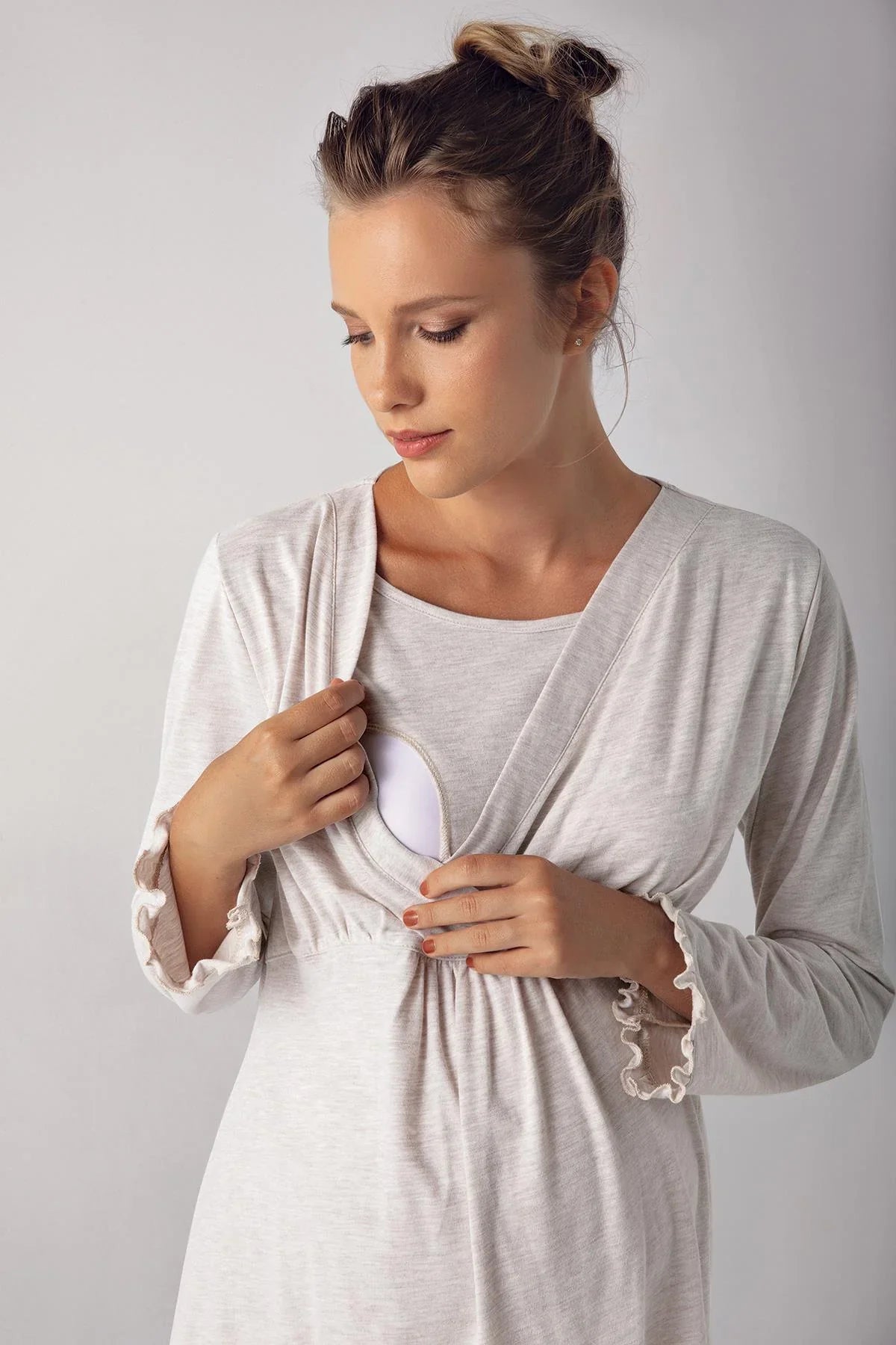 Double Breasted Maternity & Nursing Pajama Set Beige - 13201