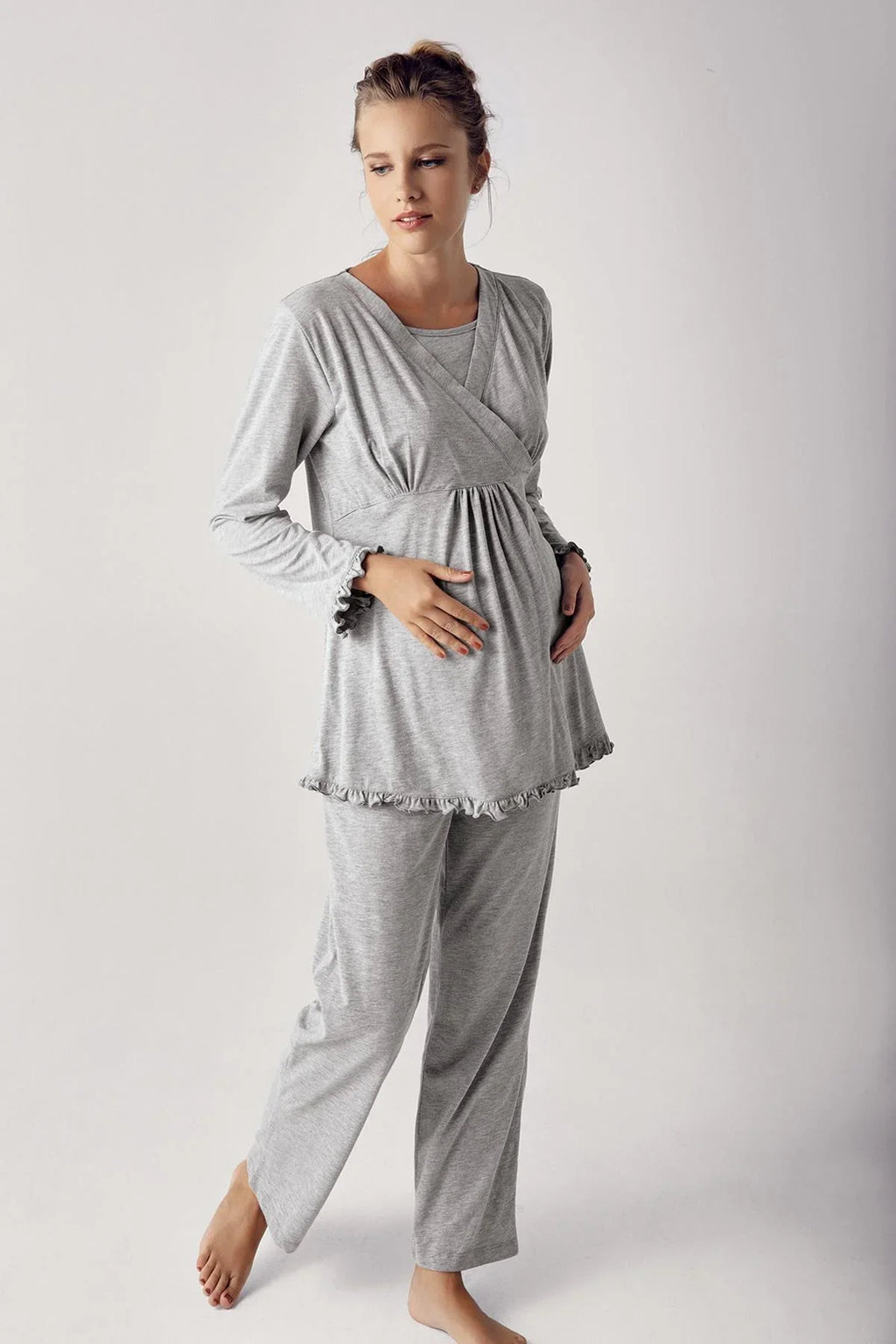 Double Breasted Maternity Feeding-Friendly Pajama Set Grey - S13201