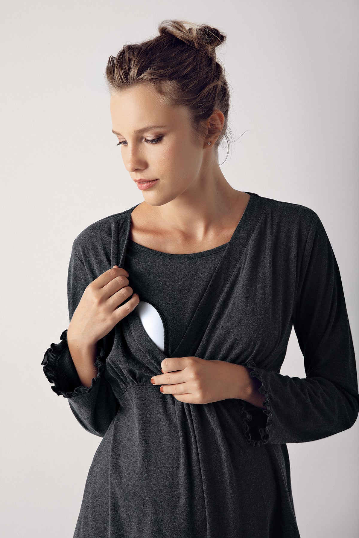 Double Breasted 3-Piece Maternity Feeding-Friendly Pajama & Robe Set Anthracite - S13300