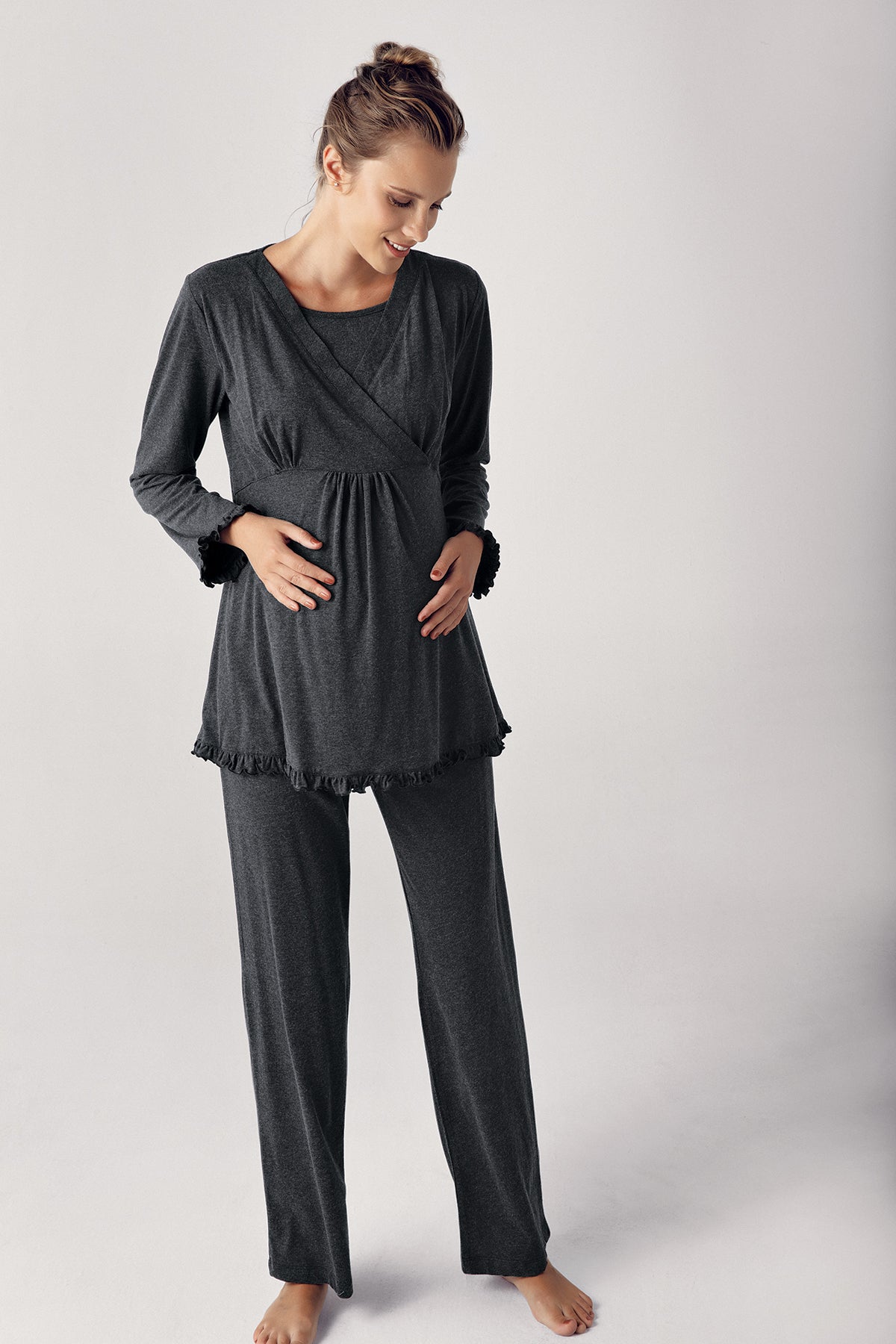 Double Breasted 3-Piece Maternity Feeding-Friendly Pajama & Robe Set Anthracite - S13300