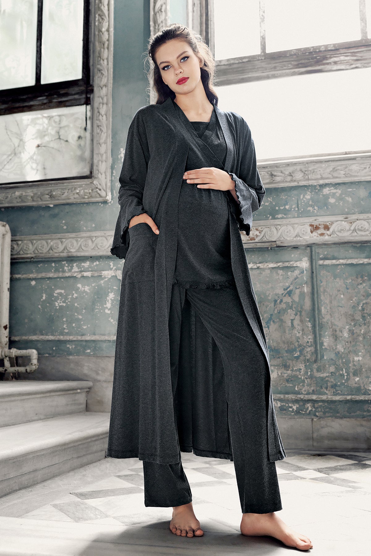 Double Breasted 3-Piece Maternity Feeding-Friendly Pajama & Robe Set Anthracite - S13300