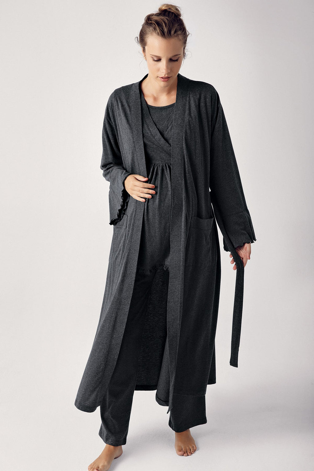 Double Breasted 3-Piece Maternity Feeding-Friendly Pajama & Robe Set Anthracite - S13300