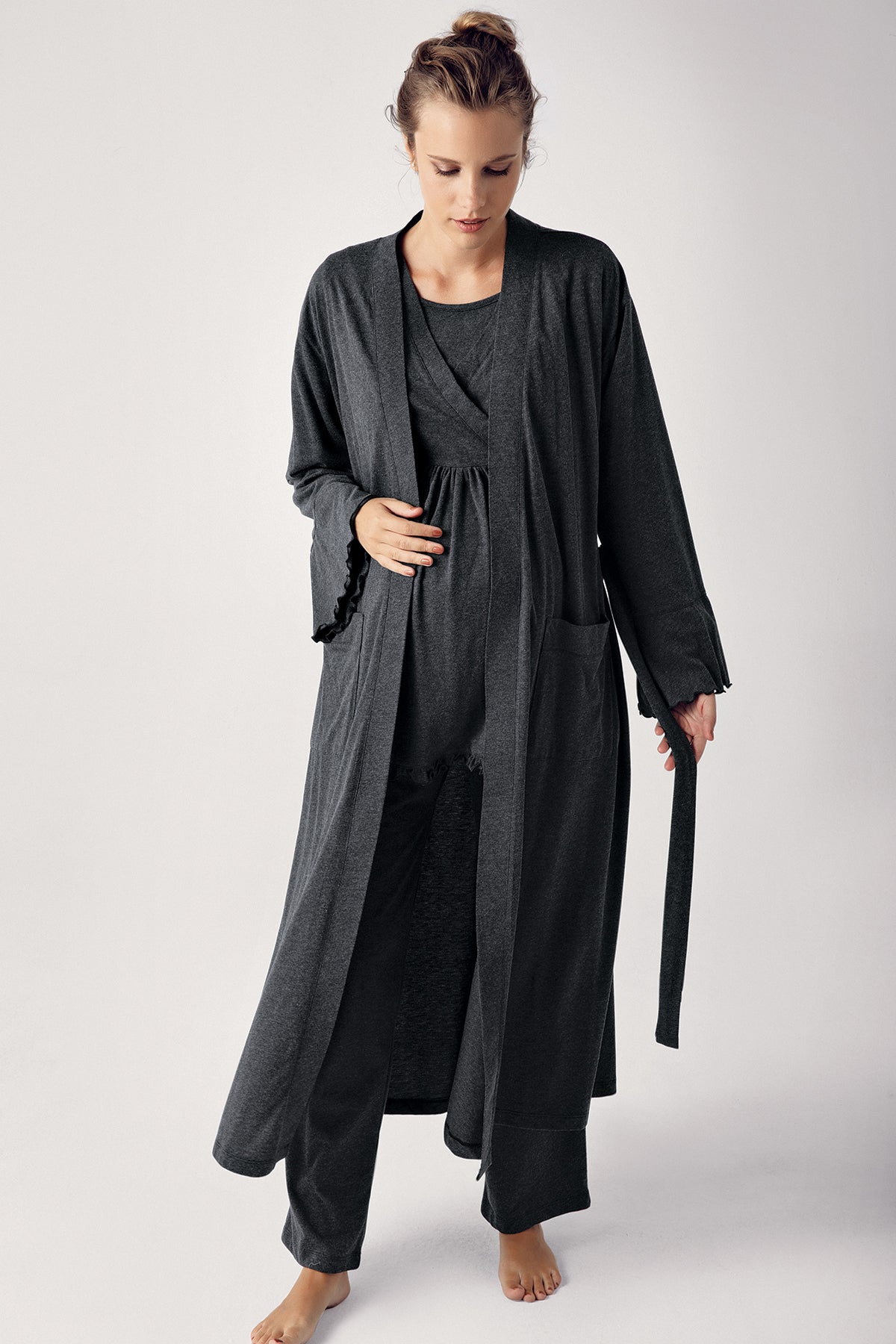Double Breasted 3-Piece Maternity Feeding-Friendly Pajama & Robe Set Anthracite - S13300
