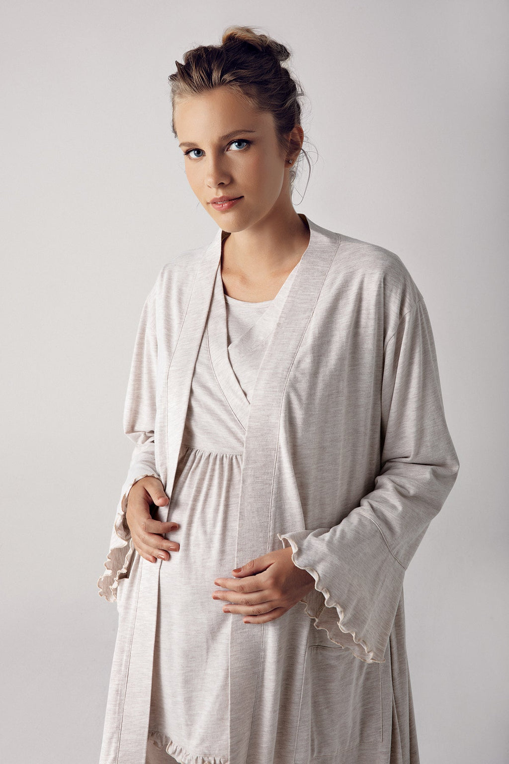Double Breasted 3-Piece Maternity Feeding-Friendly Pajama & Robe Set Beige - S13300