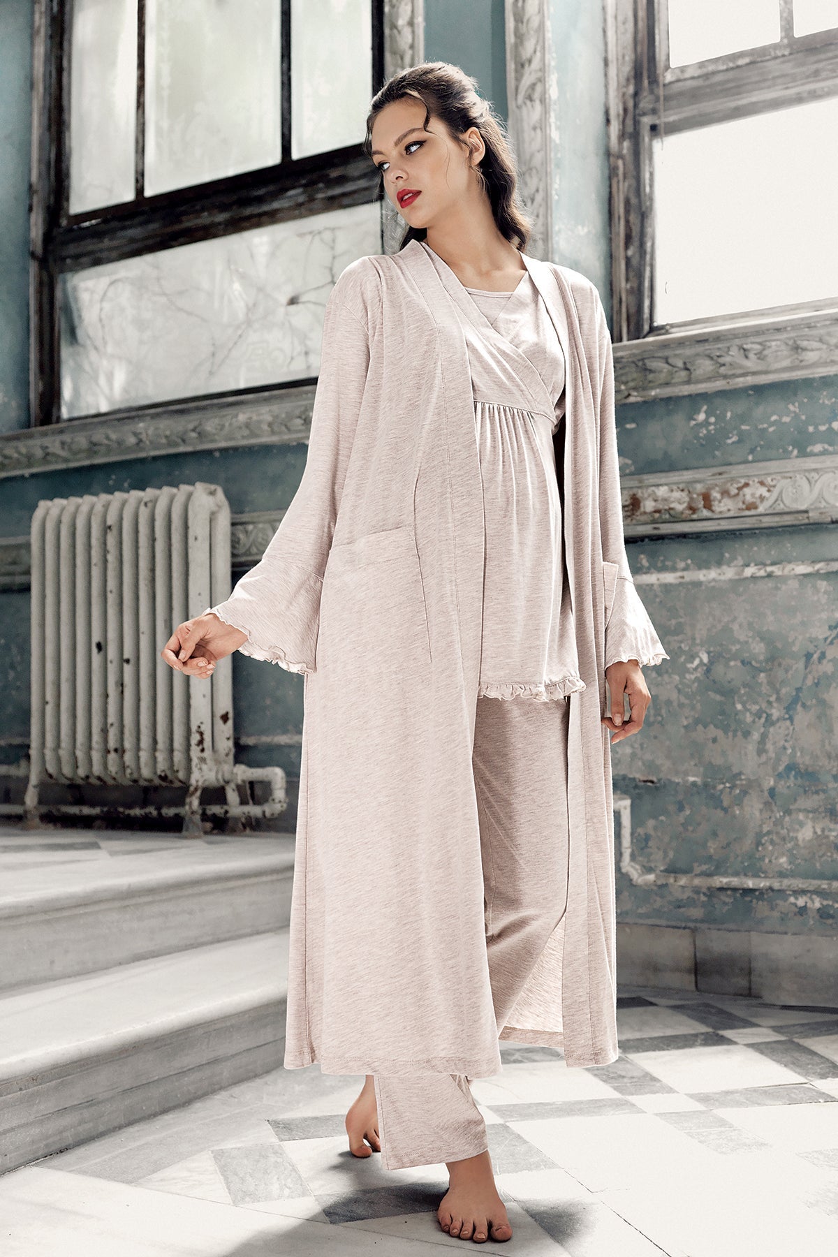 Double Breasted 4-Piece Maternity-Nursing Set Beige - 300112