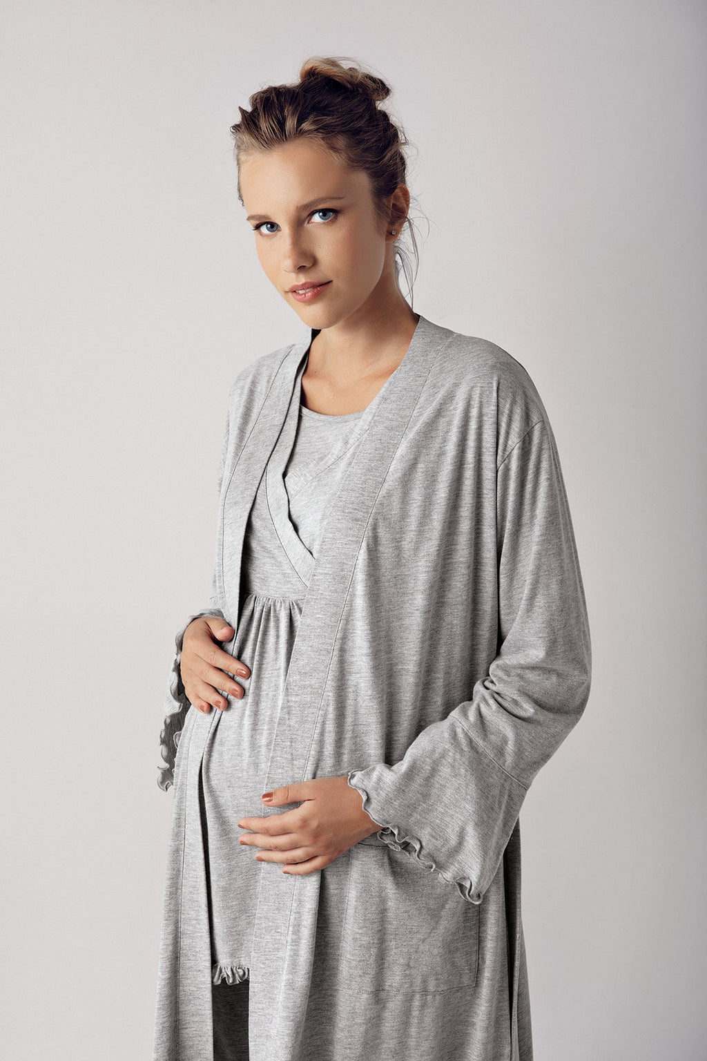 Double Breasted 3-Piece Maternity Feeding-Friendly Pajama & Robe Set Grey - S13300