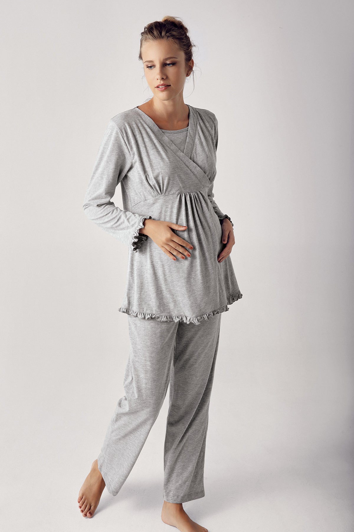 Double Breasted 3-Piece Maternity Feeding-Friendly Pajama & Robe Set Grey - S13300