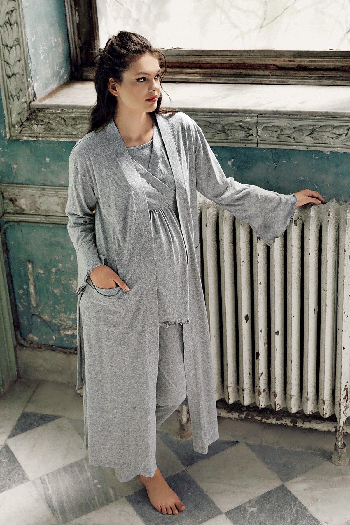 Double Breasted 3-Piece Maternity Feeding-Friendly Pajama & Robe Set Grey - S13300