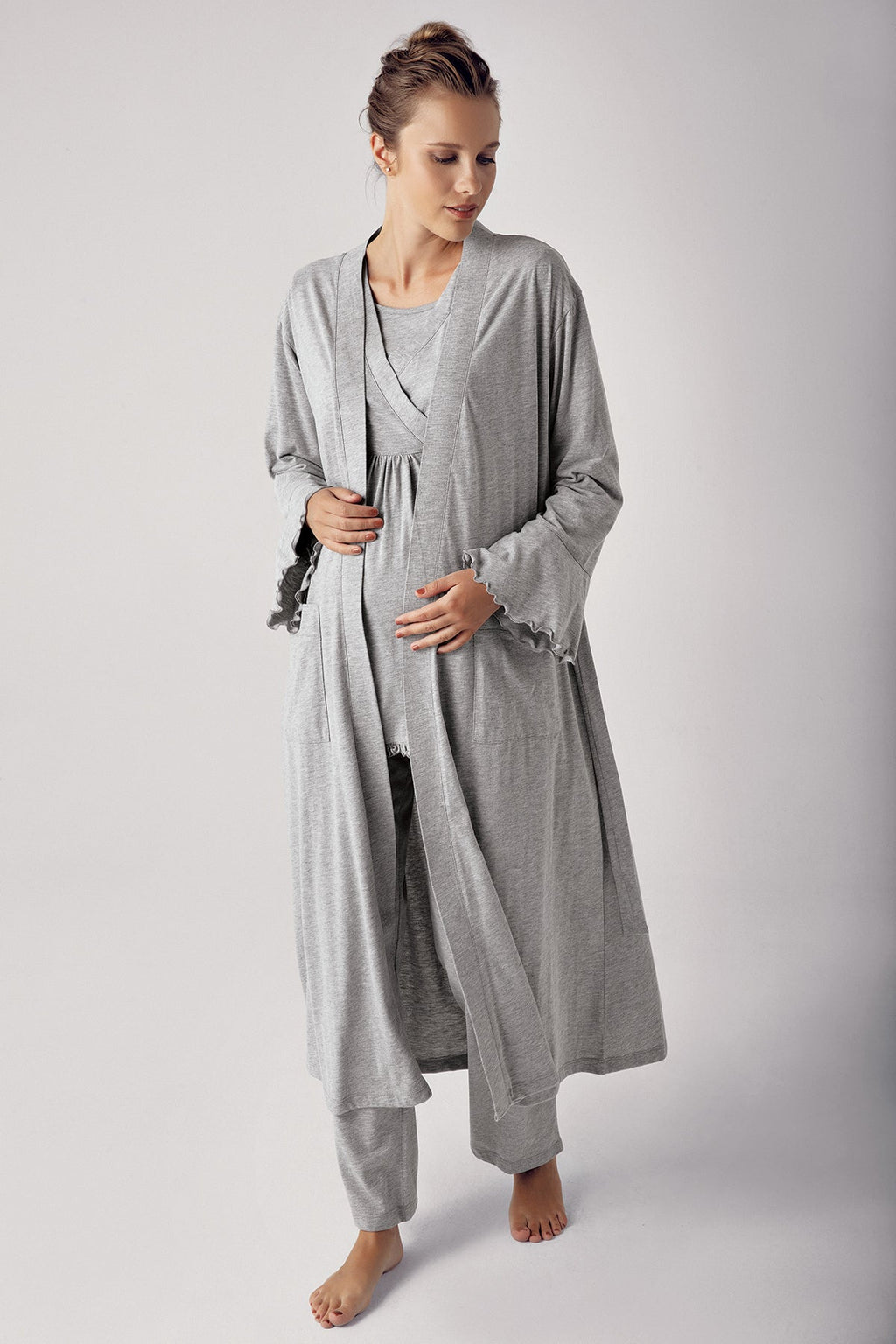 Double Breasted 3-Piece Maternity Feeding-Friendly Pajama & Robe Set Grey - S13300