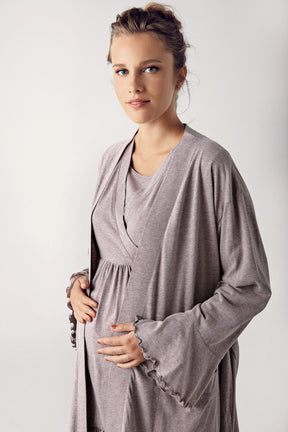Double Breasted 3-Pieces Maternity & Nursing Pajamas With Robe Coffee - 13300