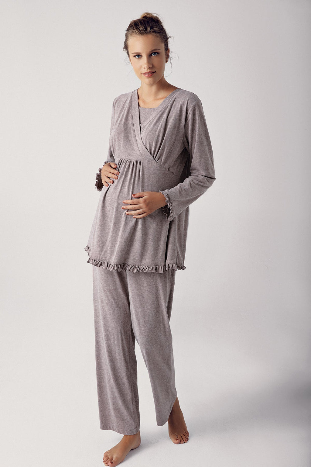 Double Breasted 3-Piece Maternity Feeding-Friendly Pajama & Robe Set Coffee - S13300