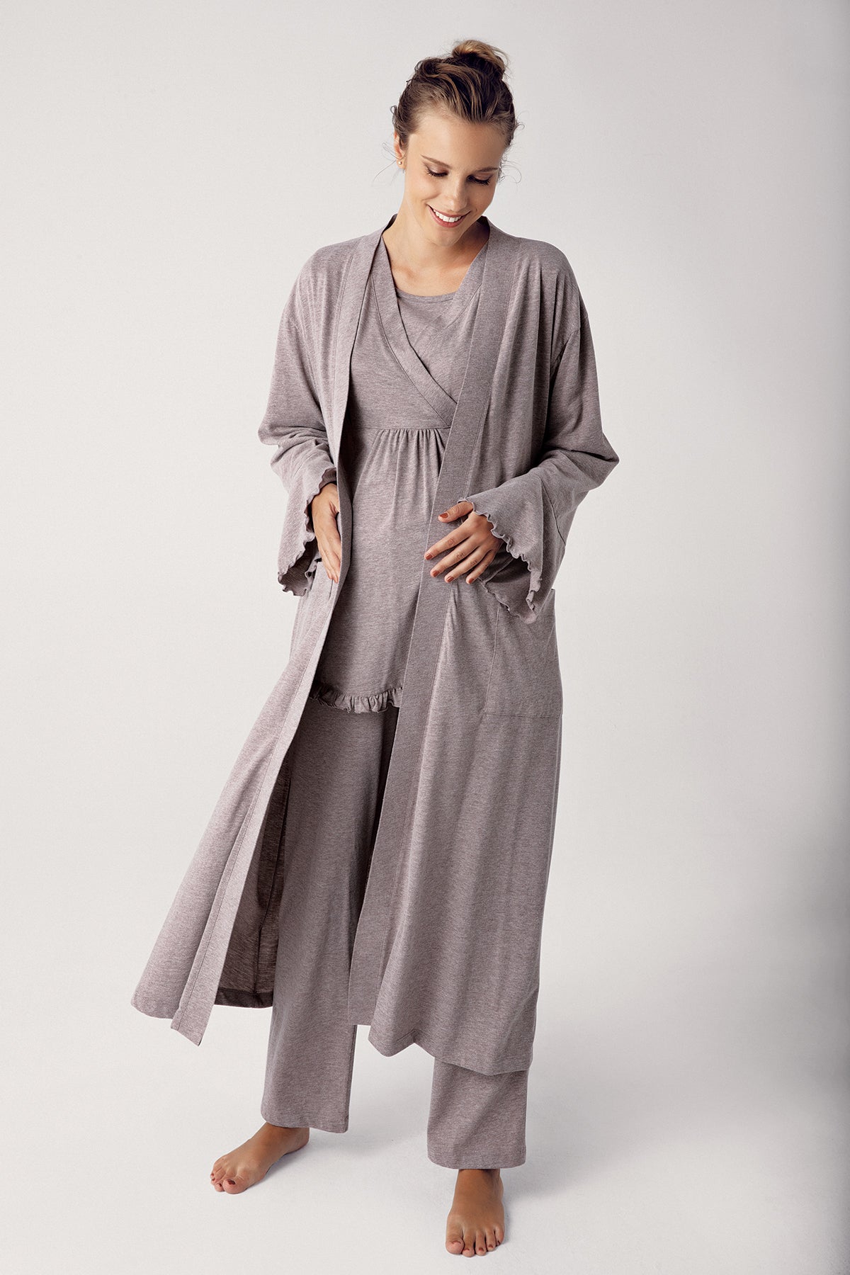 Double Breasted 3-Piece Maternity Feeding-Friendly Pajama & Robe Set Coffee - S13300