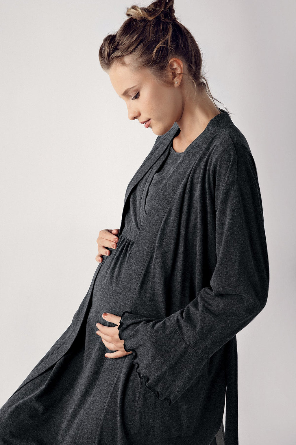 Double Breasted Maternity Feeding-Friendly Nightgown & Robe Set Anthracite - S13400