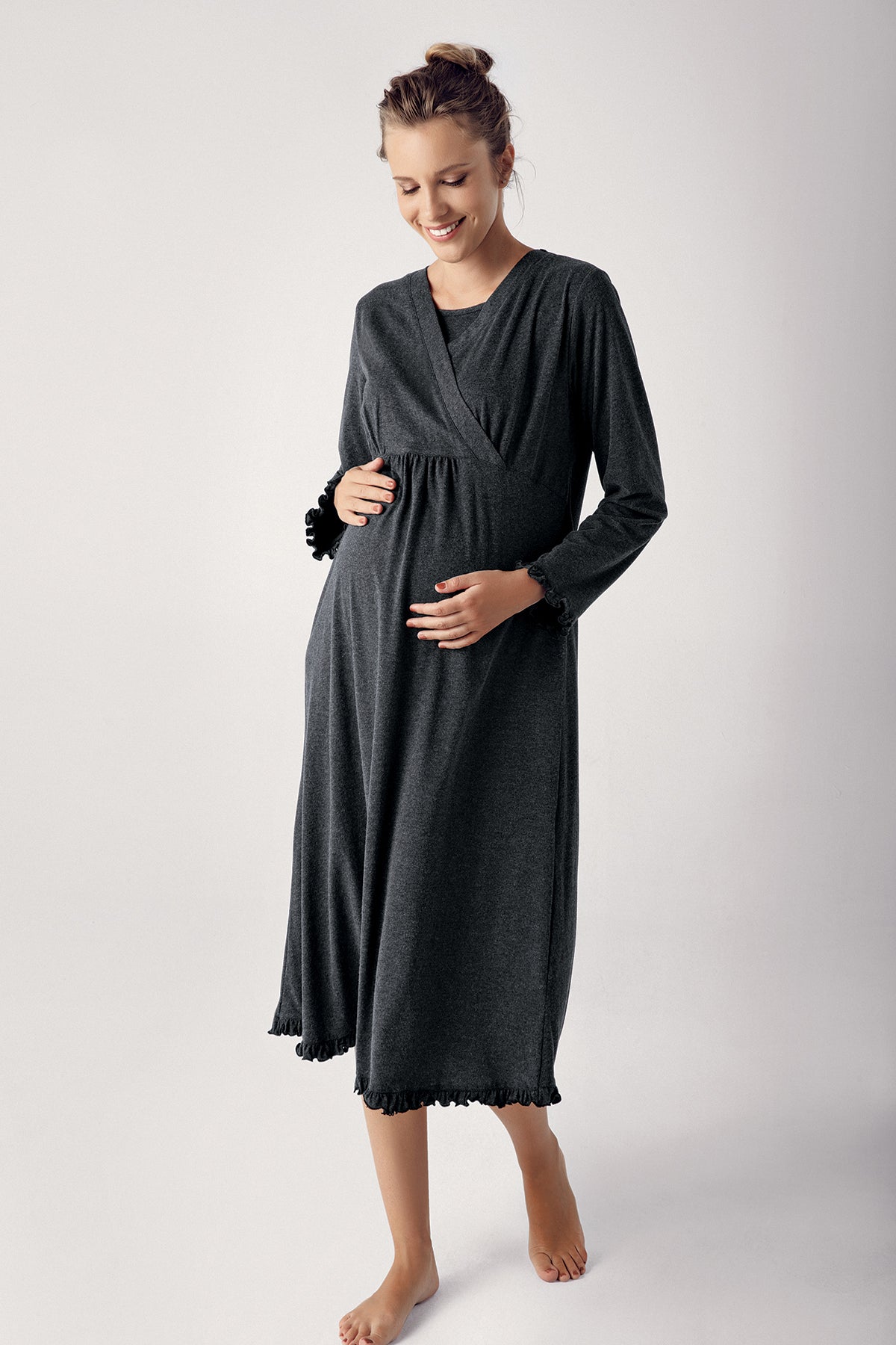 Double Breasted Maternity Feeding-Friendly Nightgown & Robe Set Anthracite - S13400