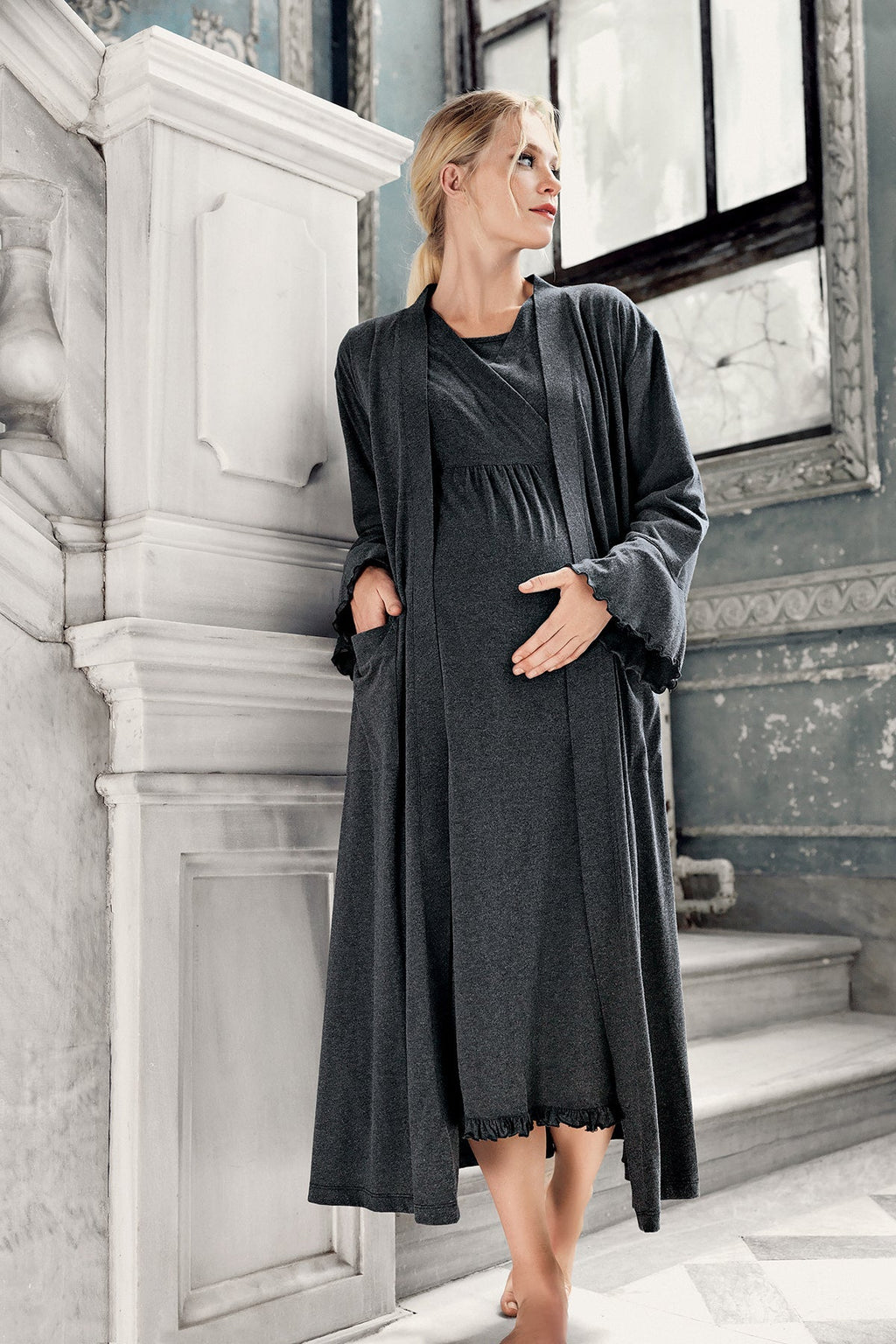 Double Breasted Maternity Feeding-Friendly Nightgown & Robe Set Anthracite - S13400