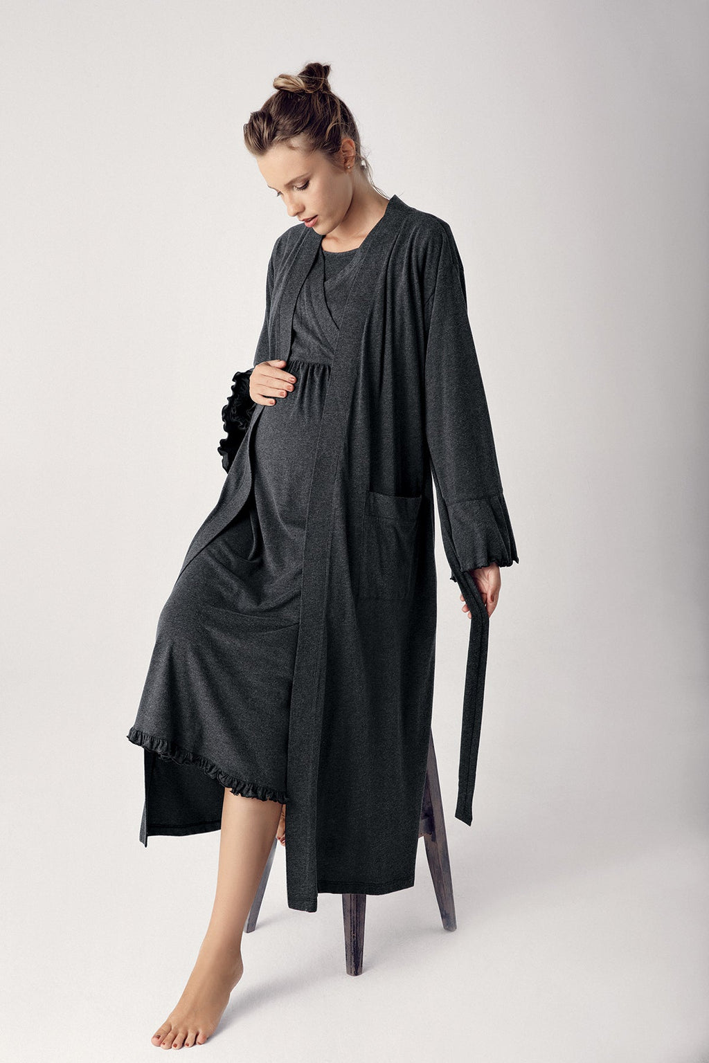 Double Breasted Maternity Feeding-Friendly Nightgown & Robe Set Anthracite - S13400