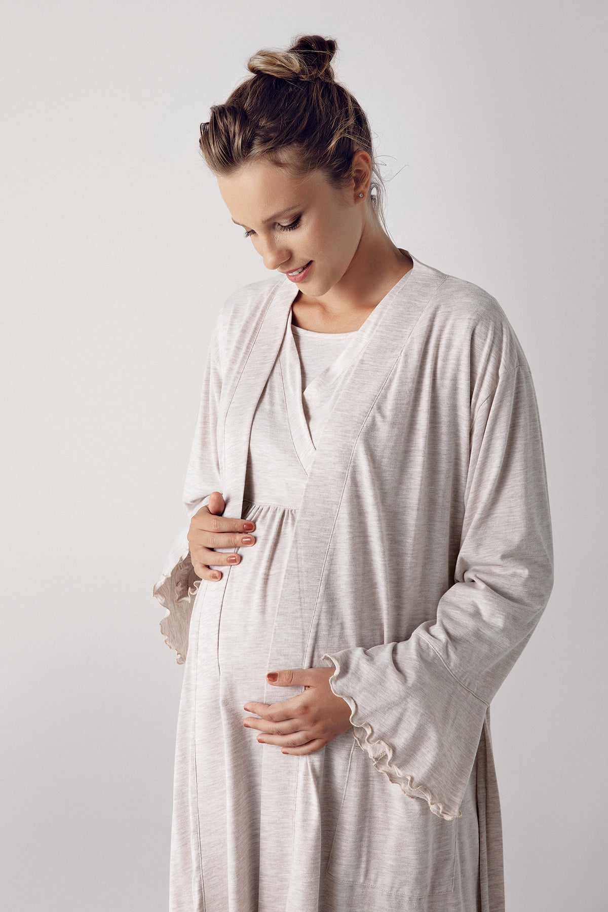 Double Breasted Maternity Feeding-Friendly Nightgown & Robe Set Beige - S13400