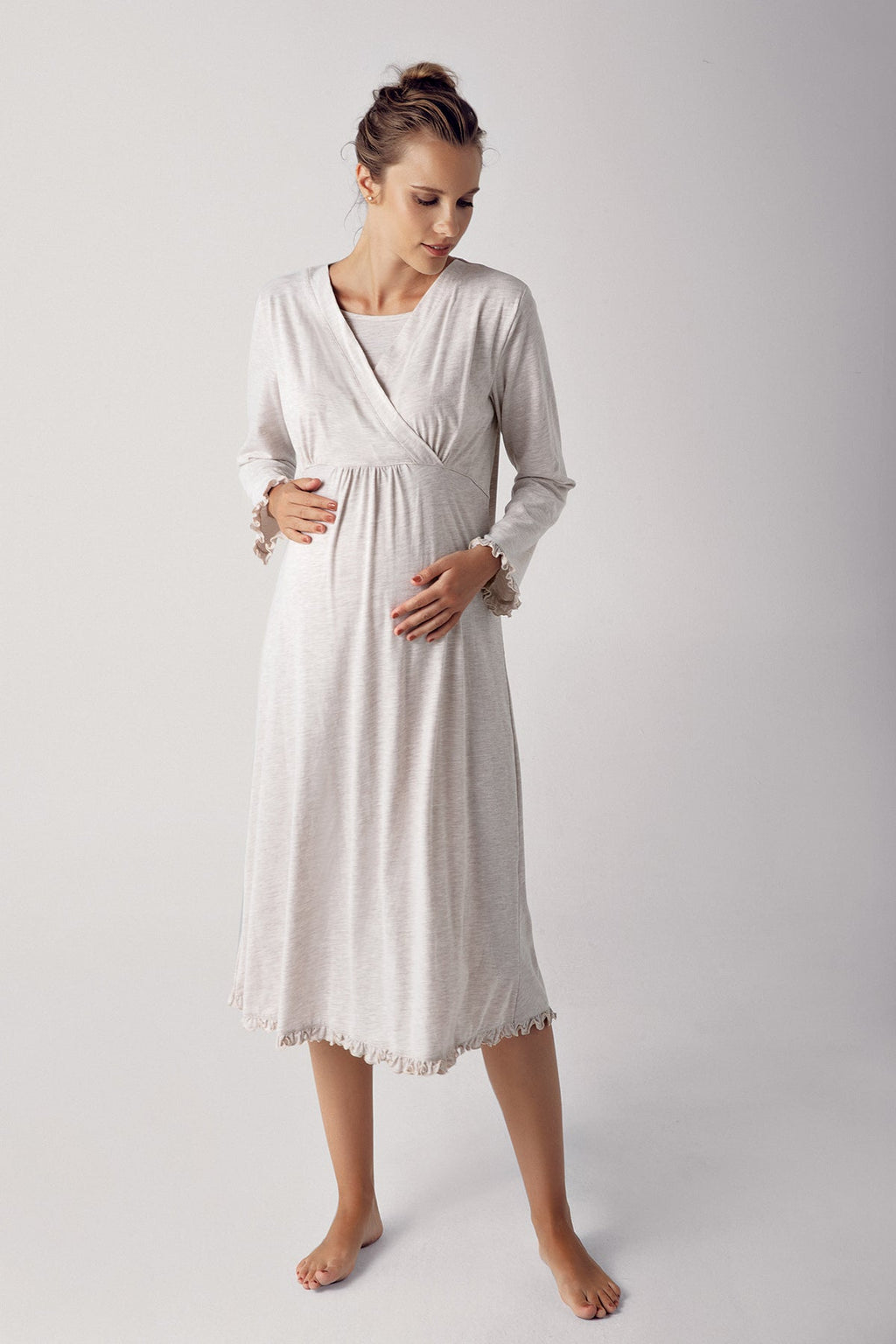 Double Breasted Maternity Feeding-Friendly Nightgown & Robe Set Beige - S13400