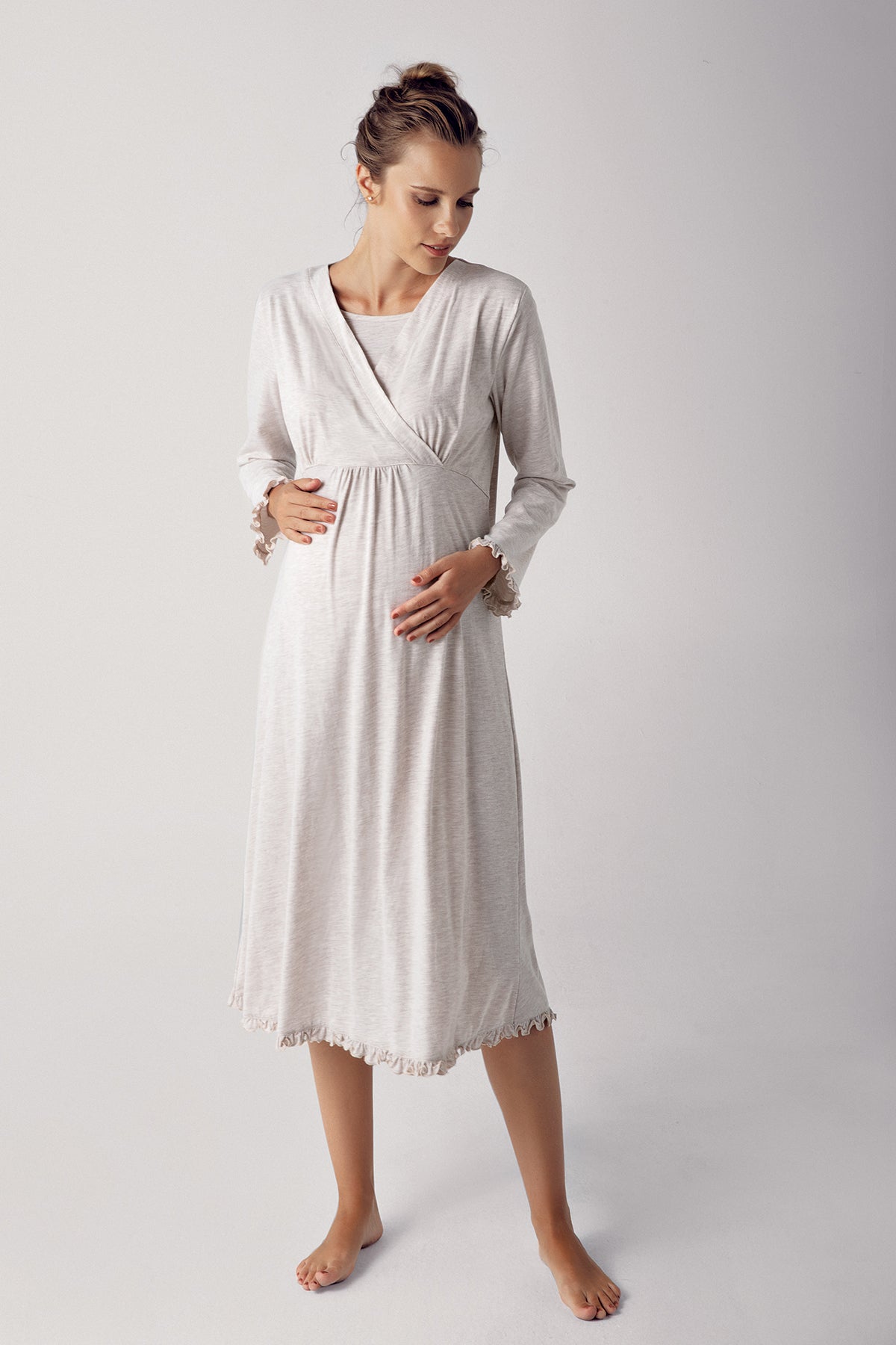 Double Breasted Maternity Feeding-Friendly Nightgown & Robe Set Beige - S13400