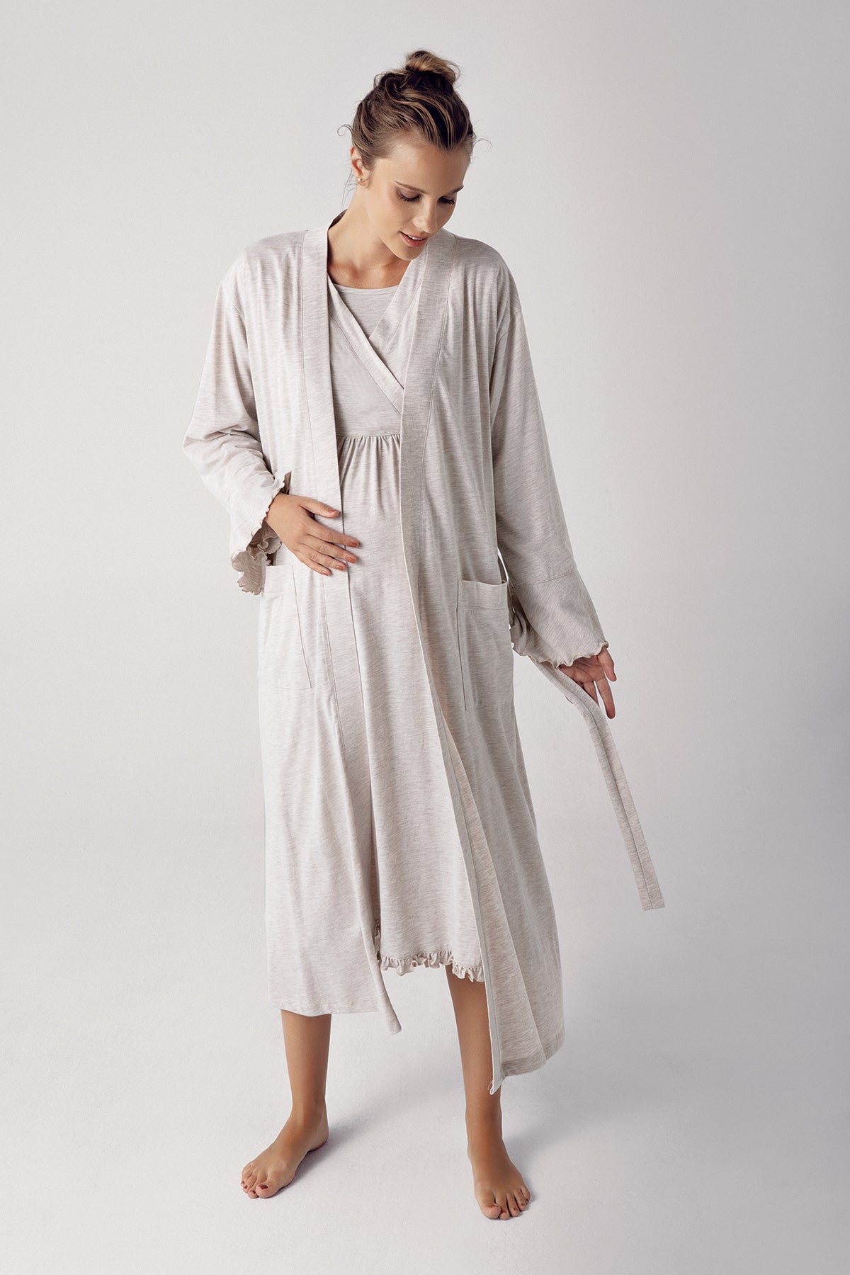 Double Breasted Maternity Feeding-Friendly Nightgown & Robe Set Beige - S13400