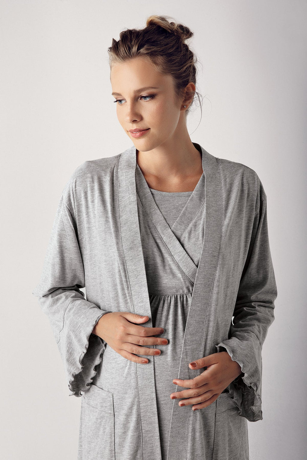 Double Breasted Maternity Feeding-Friendly Nightgown & Robe Set Grey - S13400