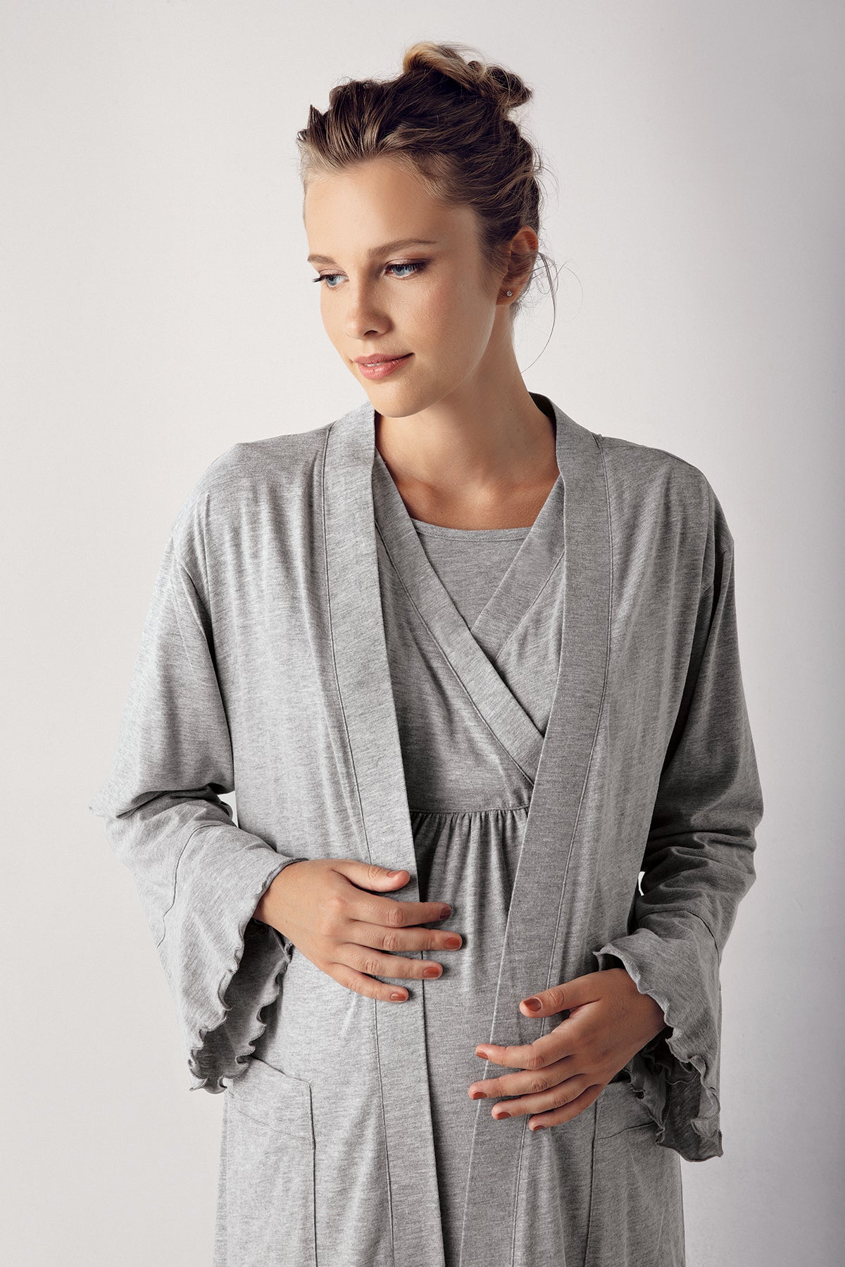 Double Breasted Maternity Feeding-Friendly Nightgown & Robe Set Grey - S13400