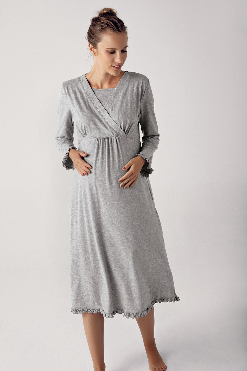 Double Breasted Maternity Feeding-Friendly Nightgown & Robe Set Grey - S13400
