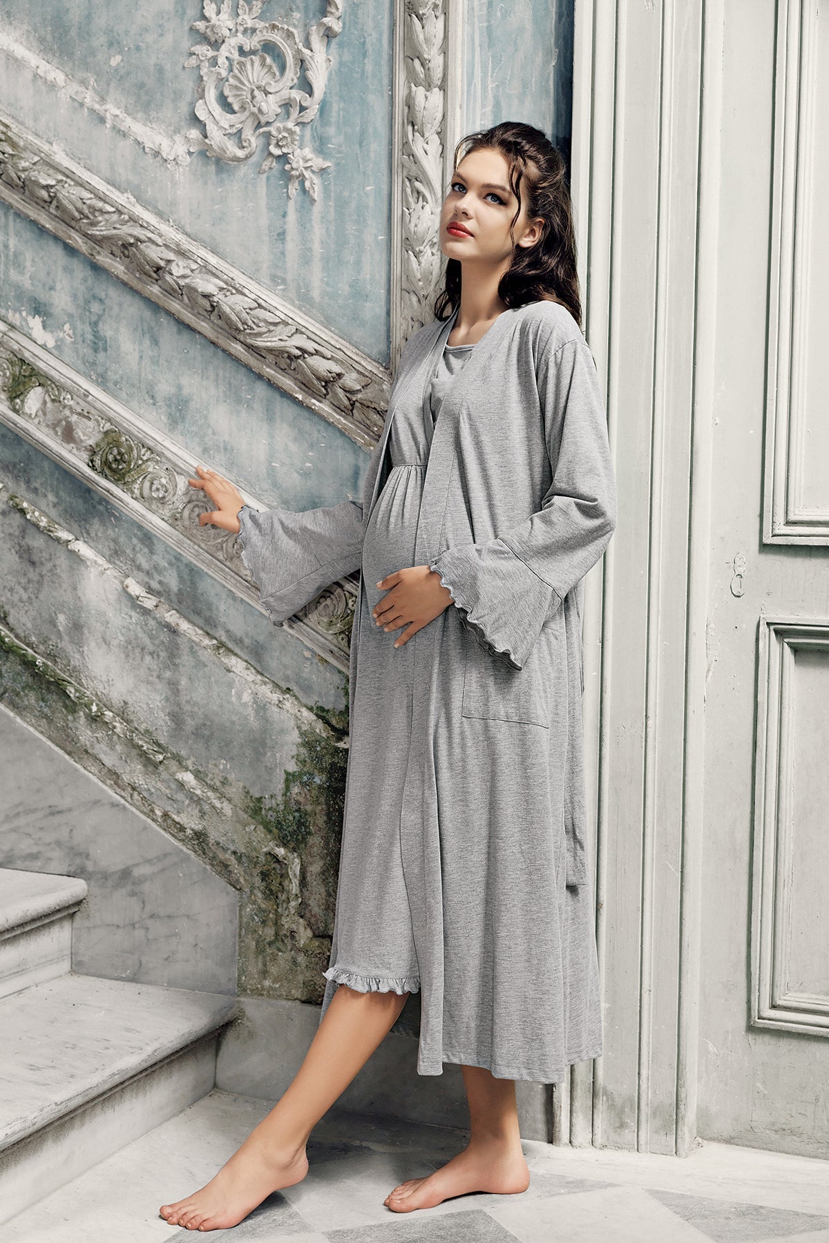 Double Breasted Maternity Feeding-Friendly Nightgown & Robe Set Grey - S13400
