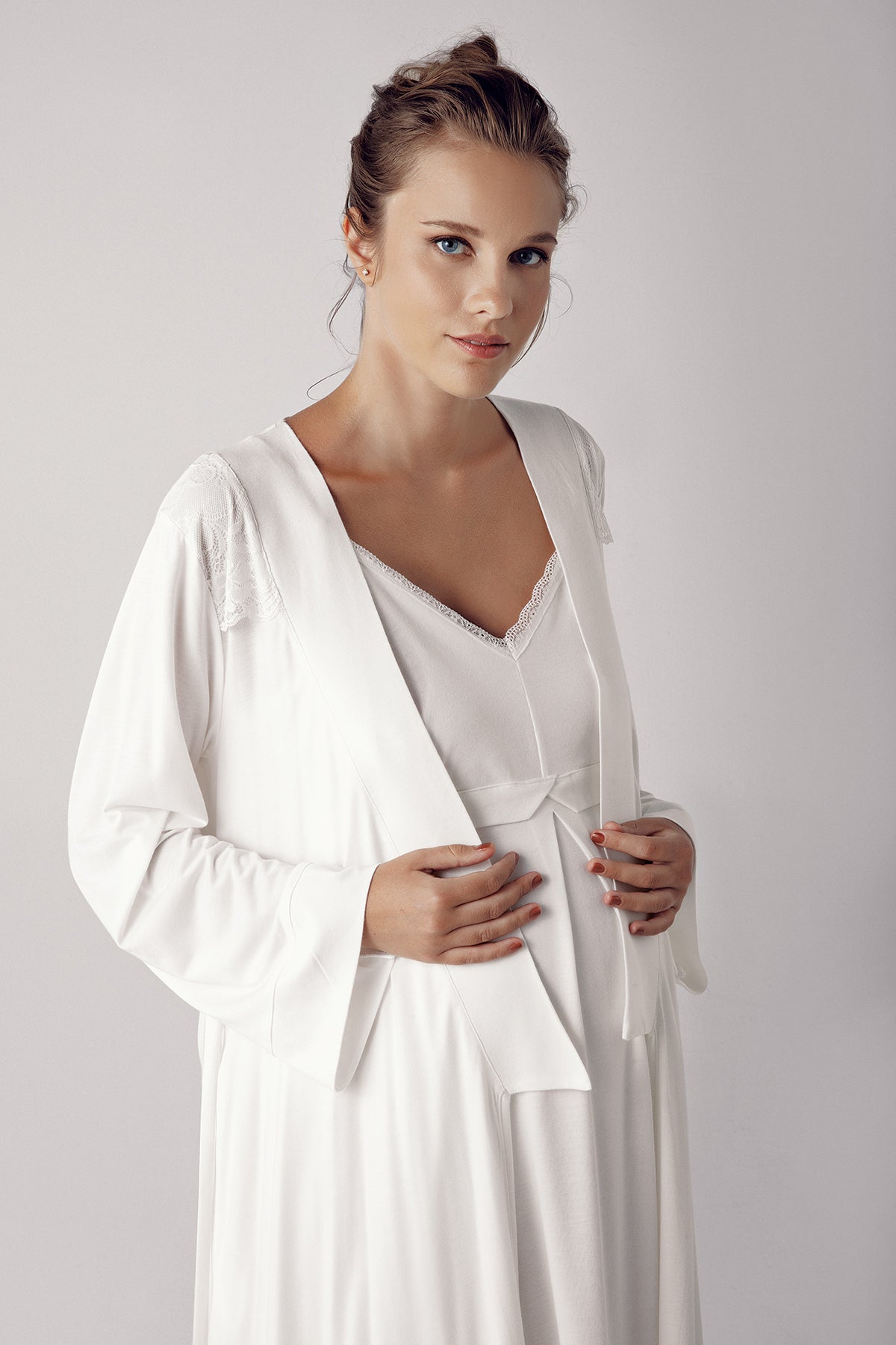 Strappy Maternity-Nursing Nightgown & Robe Set Ecru - 13406