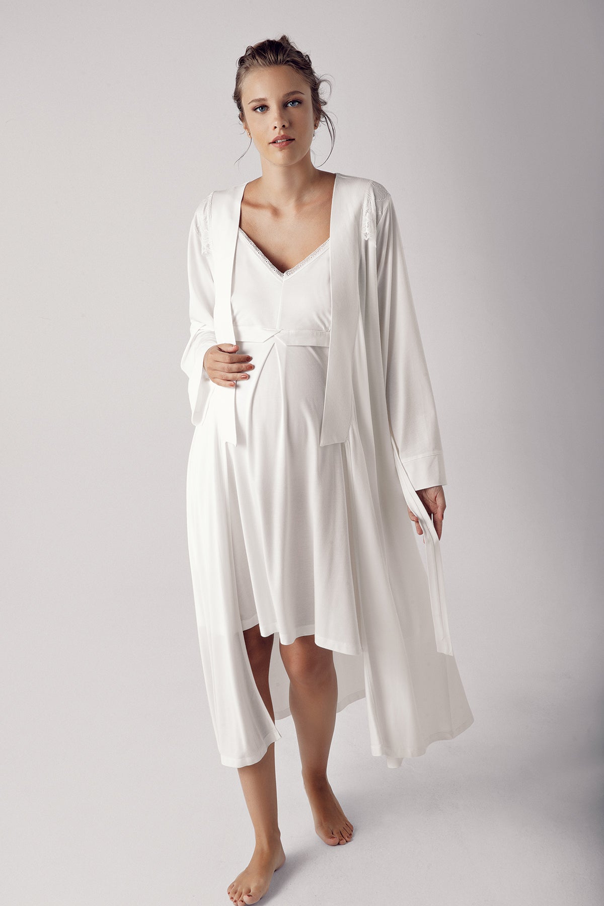 Strappy Maternity-Nursing Nightgown & Robe Set Ecru - 13406