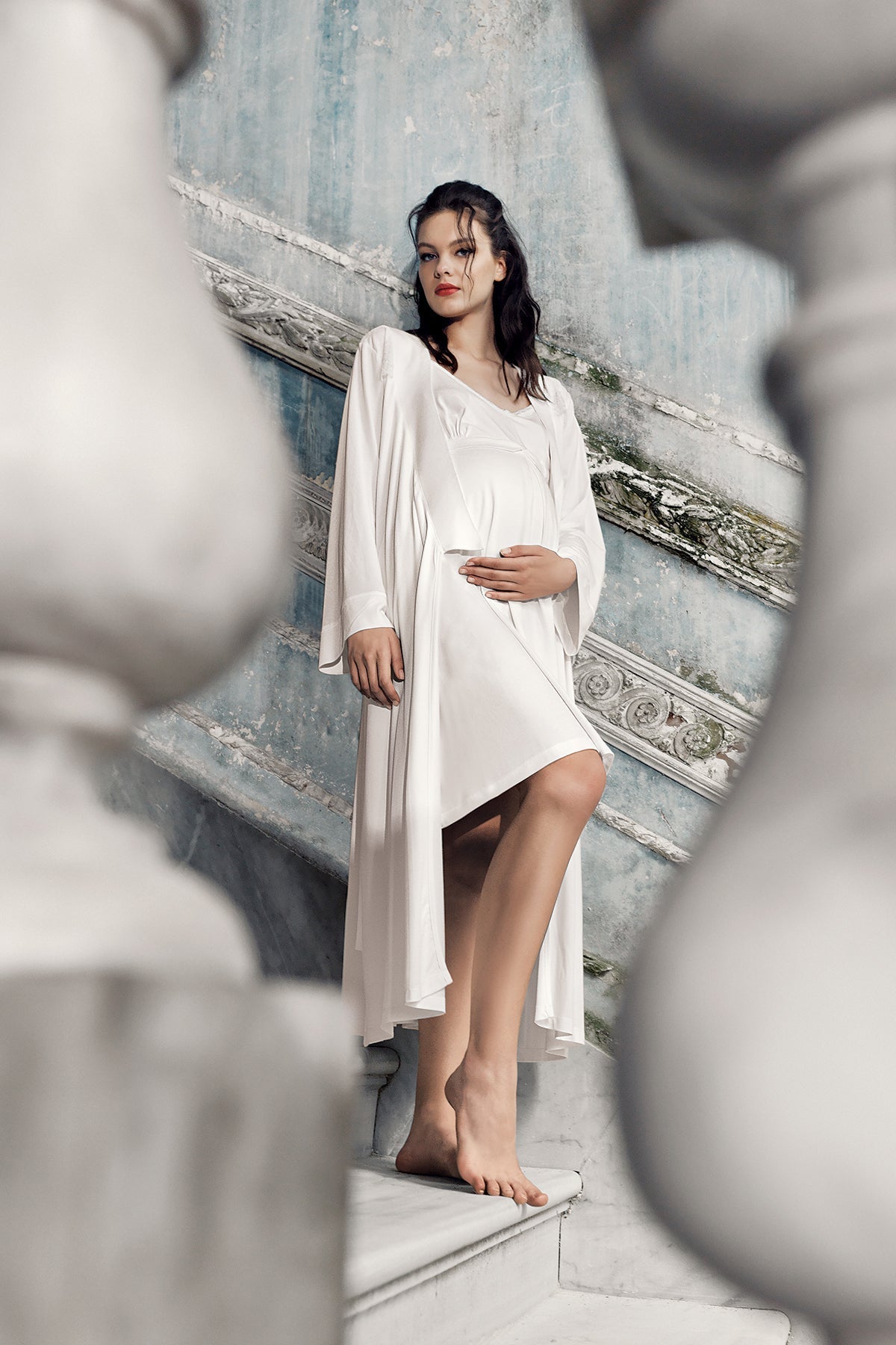 Strappy Maternity-Nursing Nightgown & Robe Set Ecru - 13406