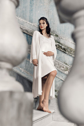 Strappy Maternity-Nursing Nightgown & Robe Set Ecru - 13406