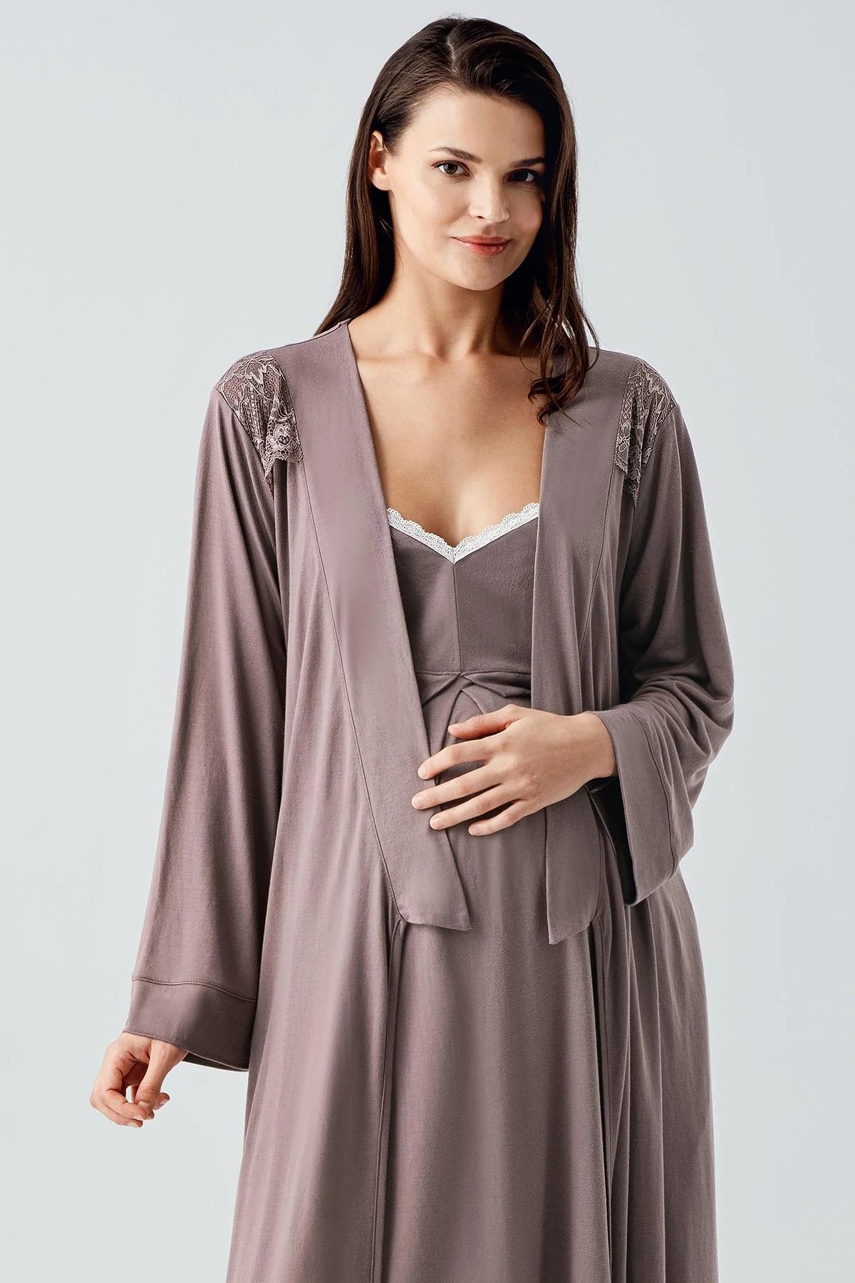 Strappy Maternity-Nursing Nightgown & Robe Set Mink - 13406
