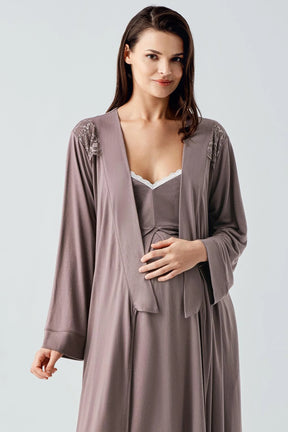 Strappy Maternity-Nursing Nightgown & Robe Set Mink - 13406