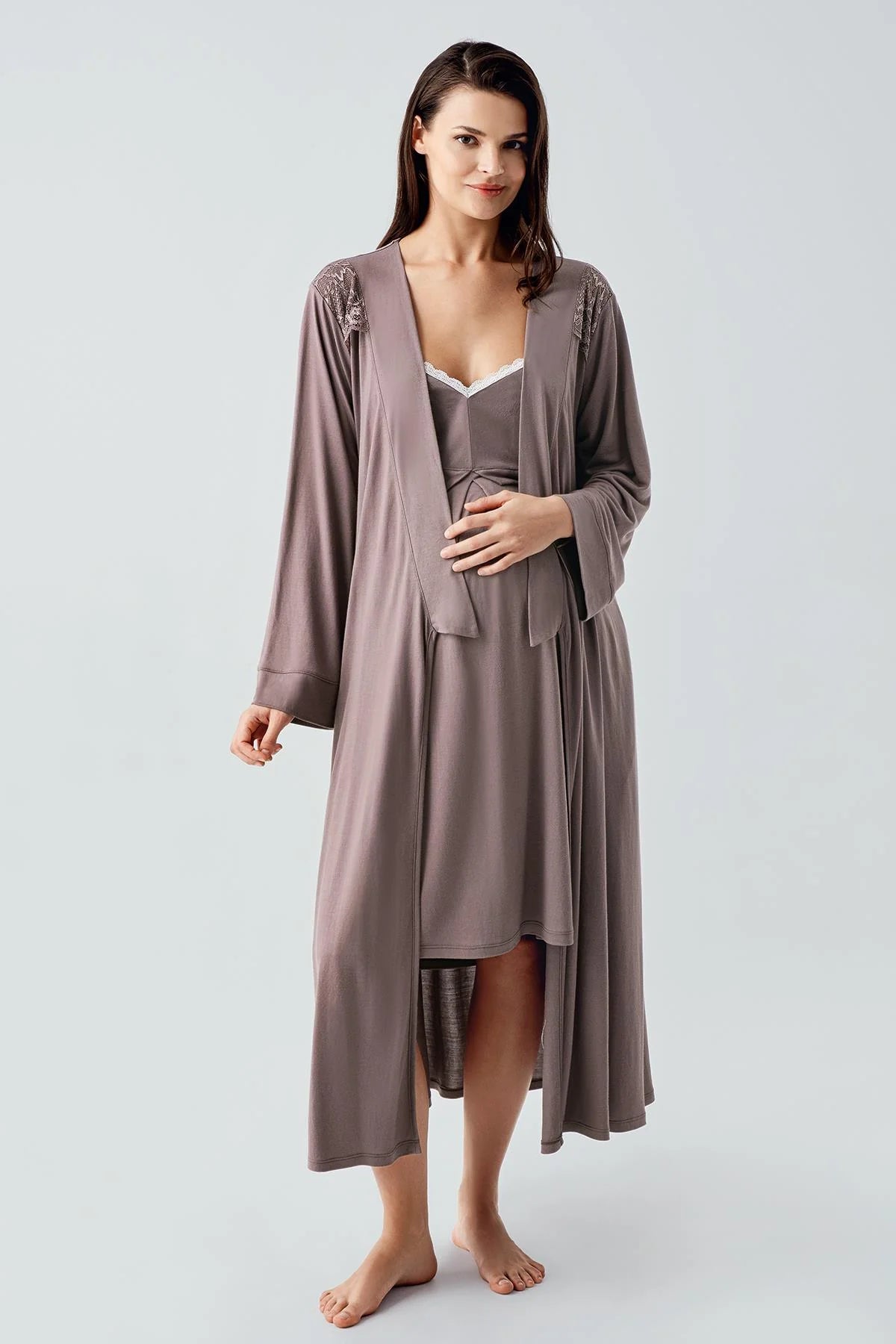 Strappy Maternity-Nursing Nightgown & Robe Set Mink - 13406