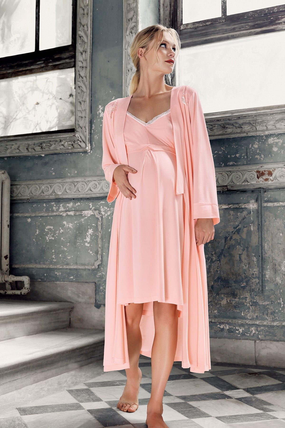 Strappy Maternity-Nursing Nightgown & Robe Set Powder - 13406