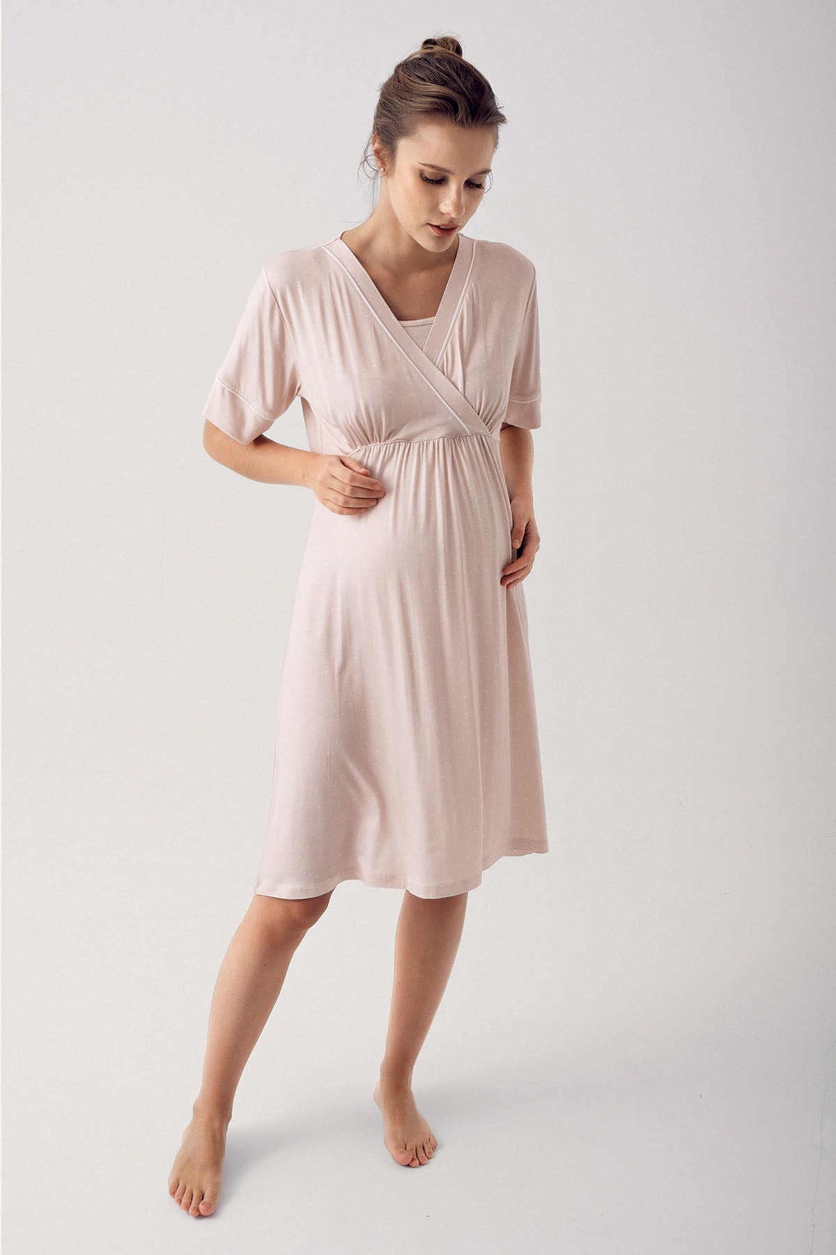 Polka Dot Double Breasted Maternity & Nursing Nightgown Beige - 14120