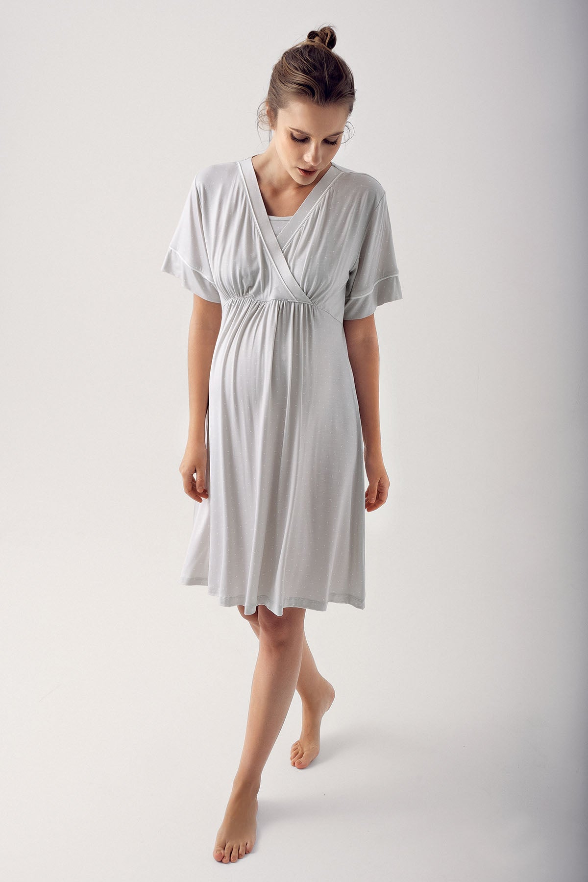 Polka Dot Double Breasted Maternity & Nursing Nightgown Grey - 14120