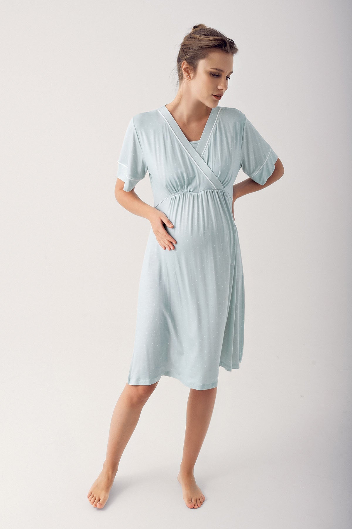 Polka Dot Double Breasted Maternity & Nursing Nightgown Green - 14120