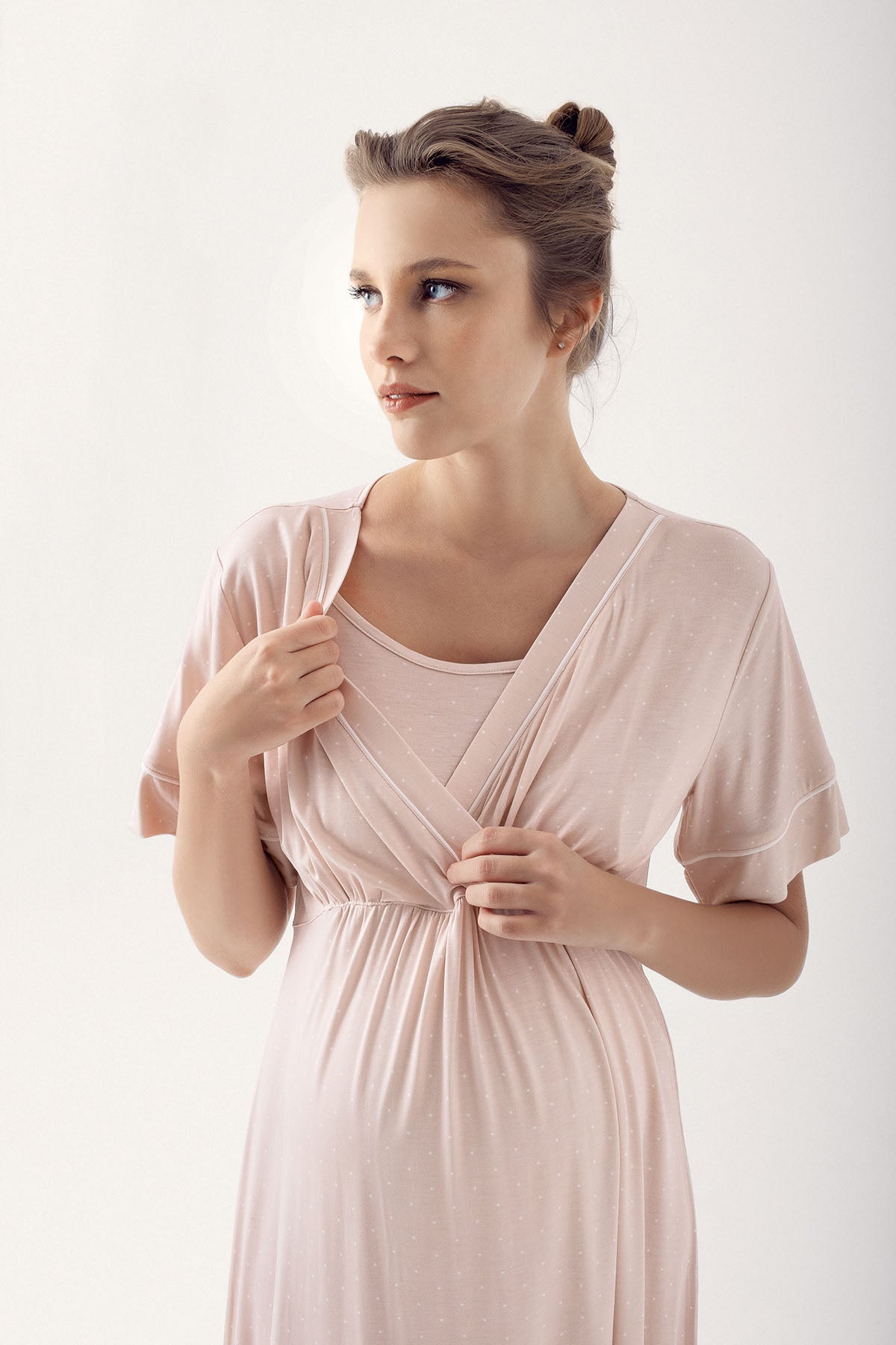 Polka Dot Double Breasted Maternity & Nursing Nightgown Beige - 14120