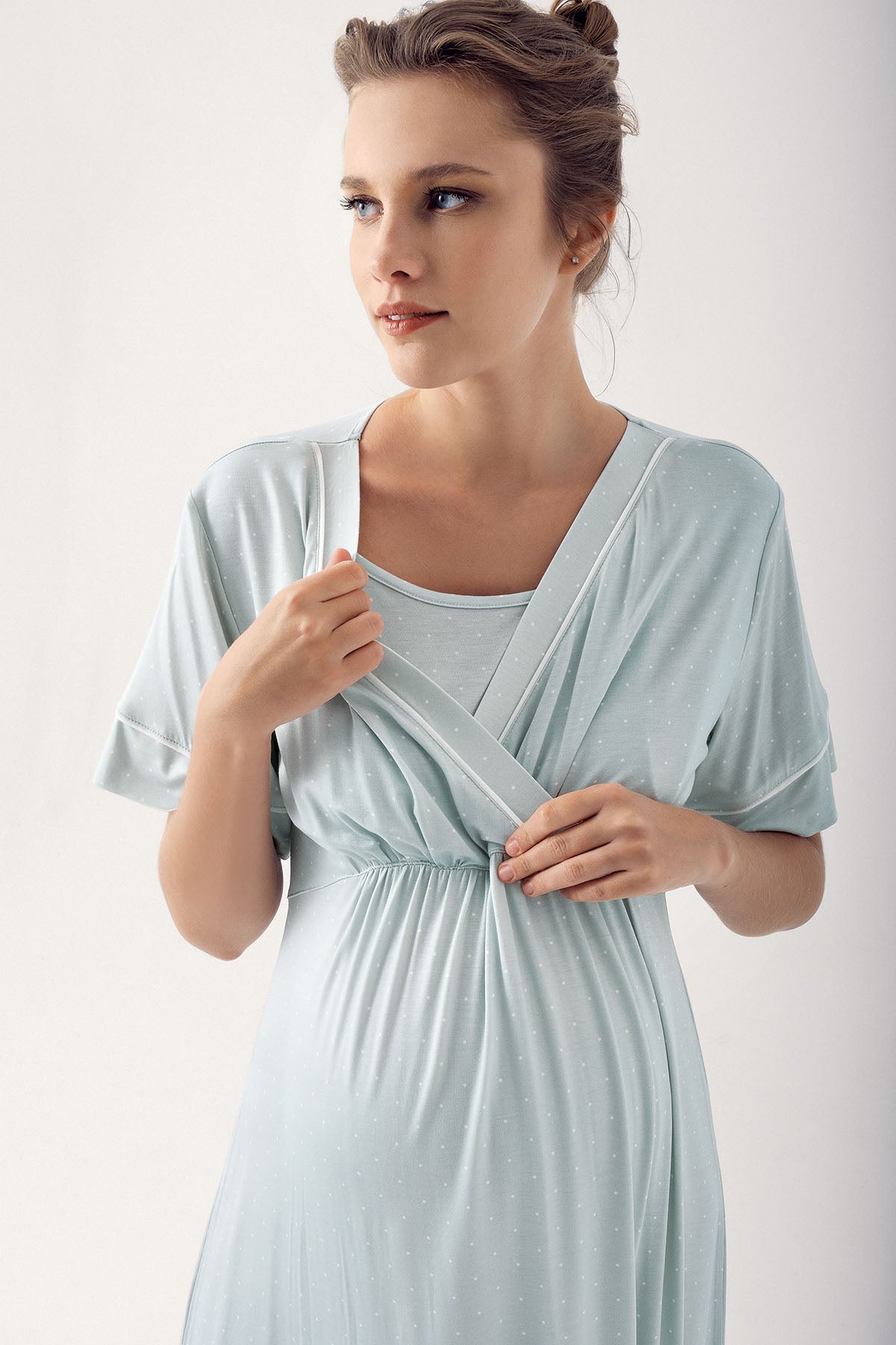 Polka Dot Double Breasted Maternity & Nursing Nightgown Green - 14120