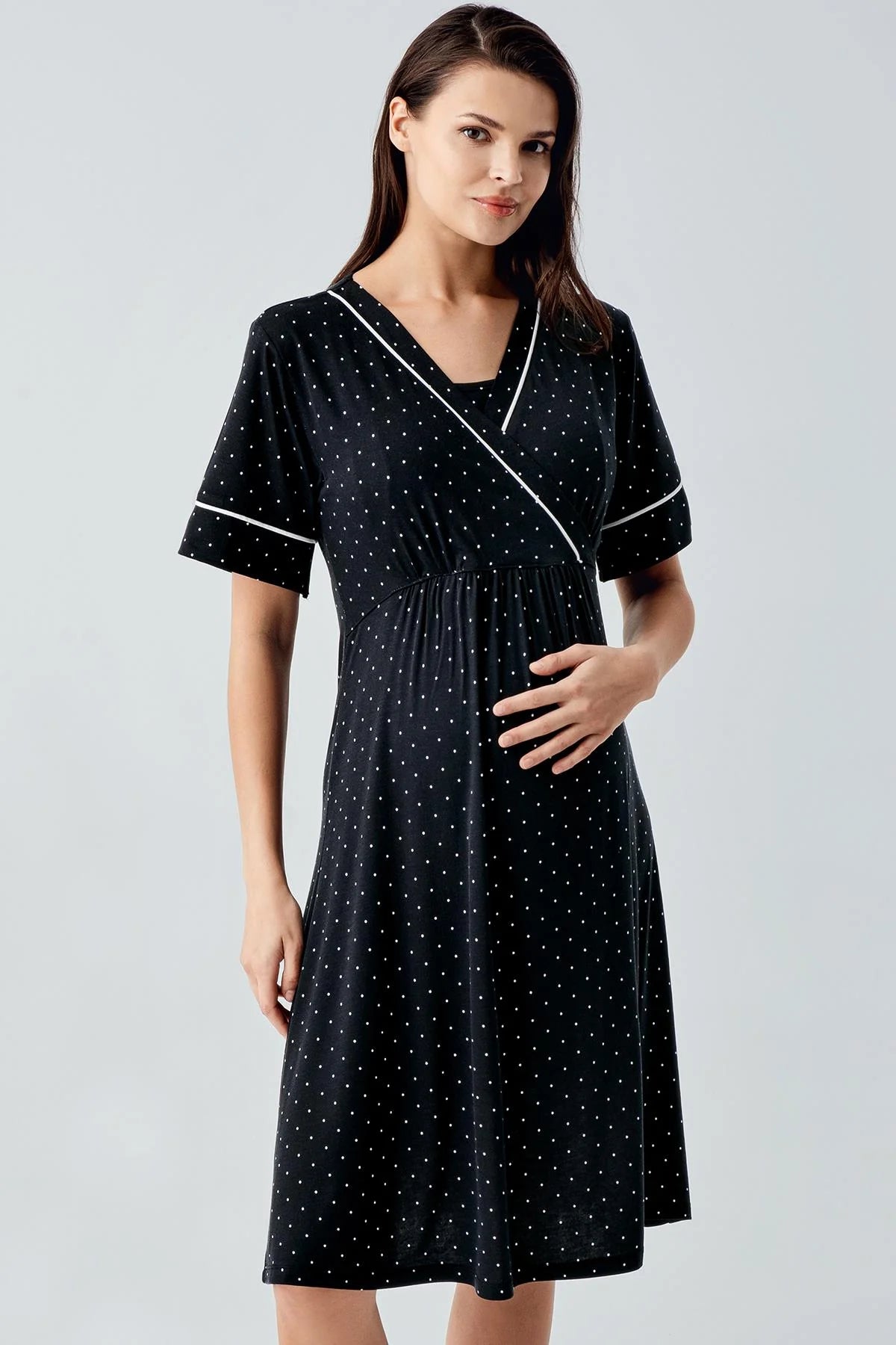 Polka Dot Double Breasted Maternity & Nursing Nightgown Black - 14120