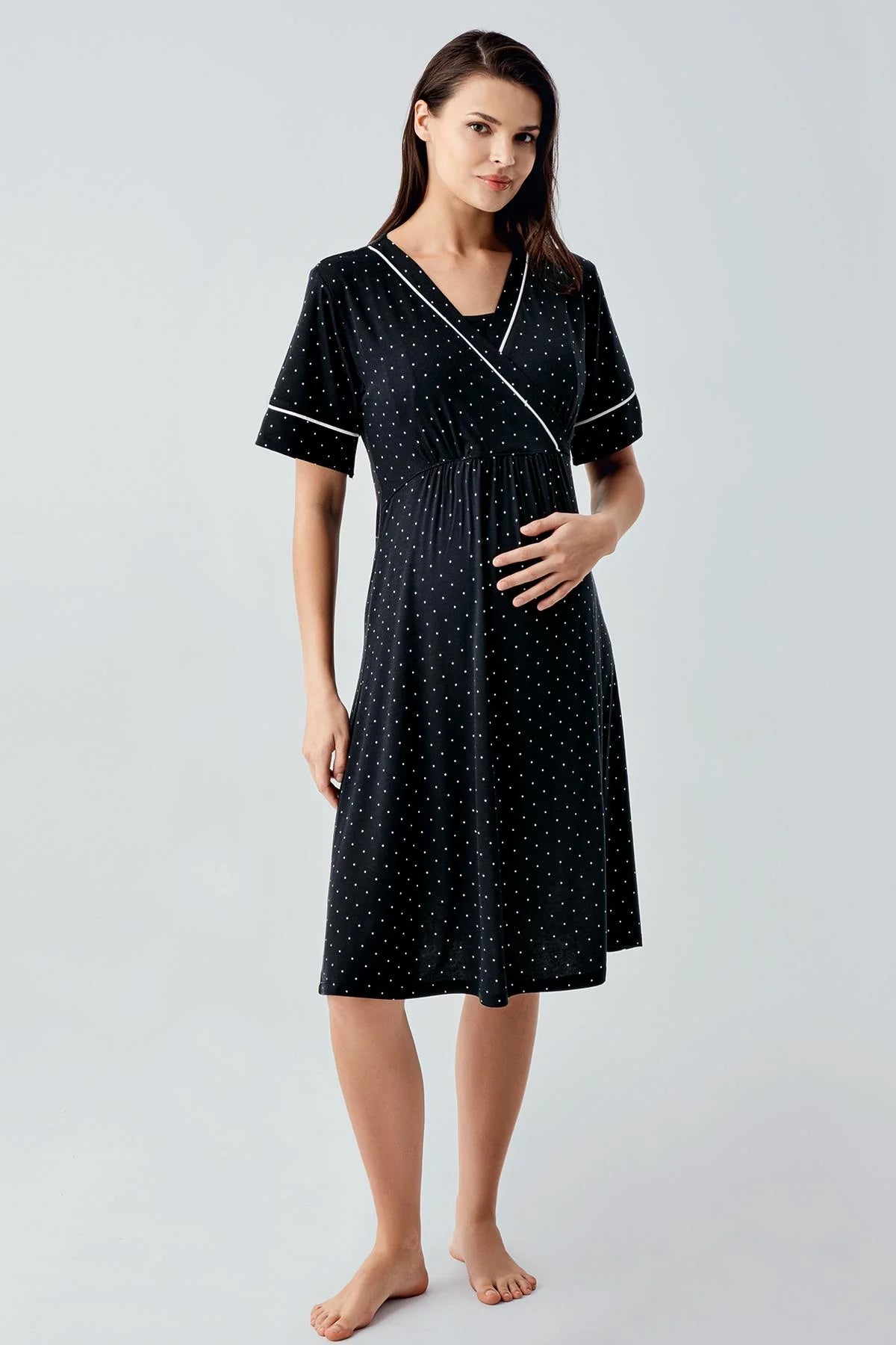 Polka Dot Double Breasted Maternity & Nursing Nightgown Black - 14120