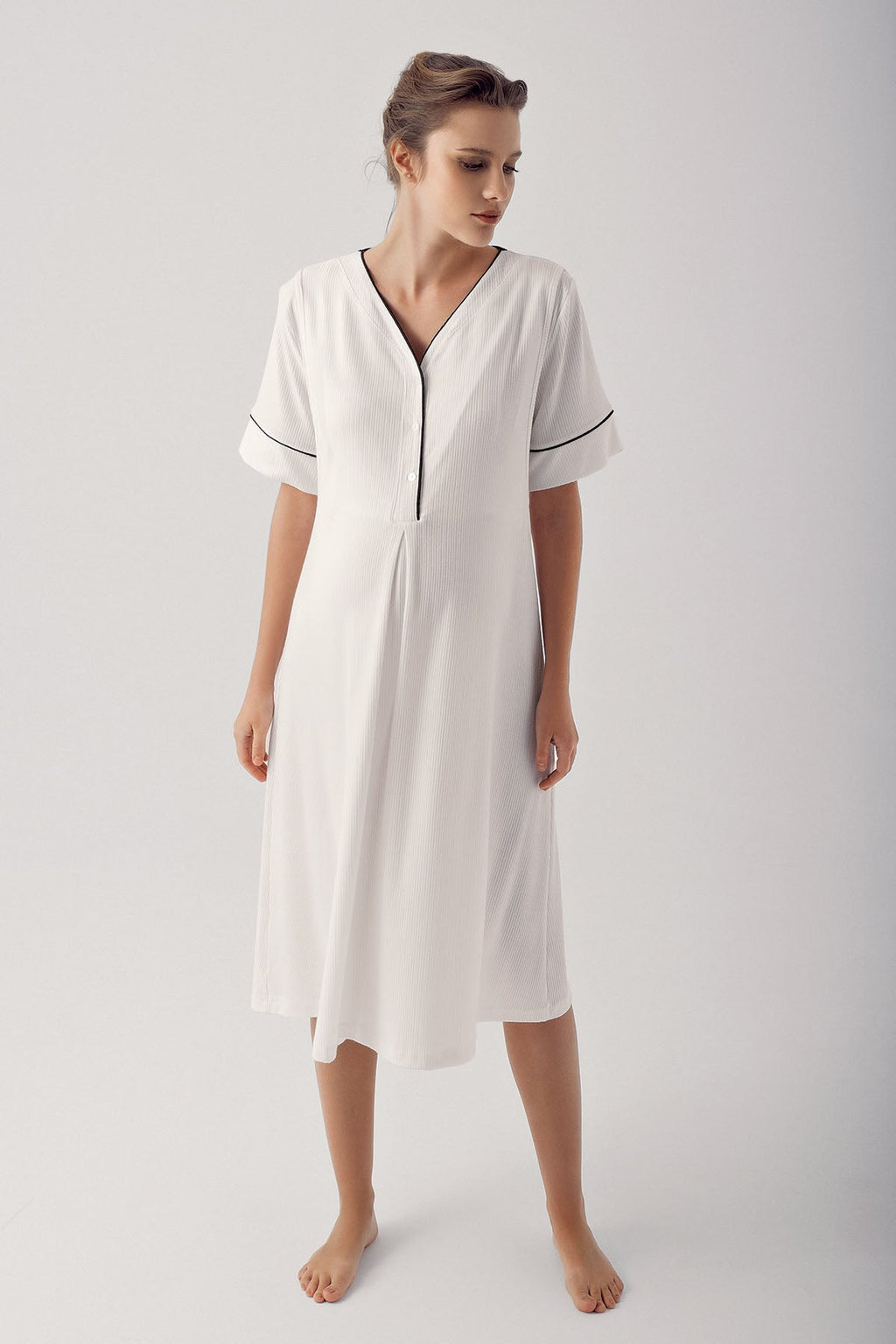 Double Breastfeeding Maternity Feeding-Friendly Nightgown & Robe Set Ecru - S14406