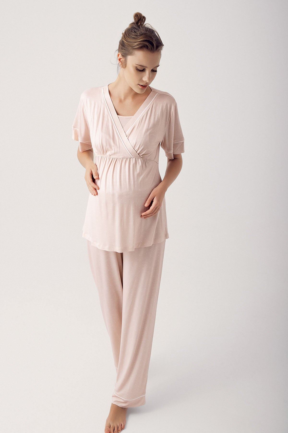 Polka Dot Double Breasted Maternity & Nursing Pajama Set Beige - 14206