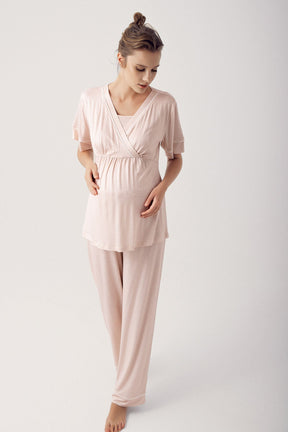 Polka Dot Double Breasted Maternity & Nursing Pajama Set Beige - 14206