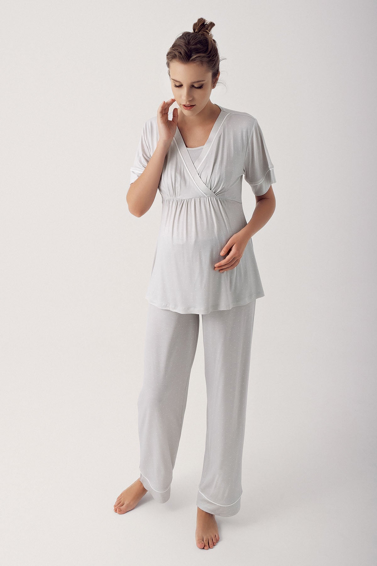 Polka Dot Double Breasted Maternity & Nursing Pajama Set Grey - 14206