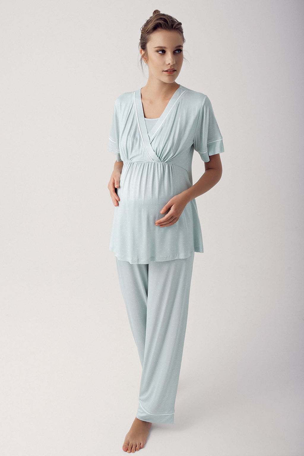 Polka Dot Double Breasted Maternity Feeding-Friendly Pajama Set Green - S14206