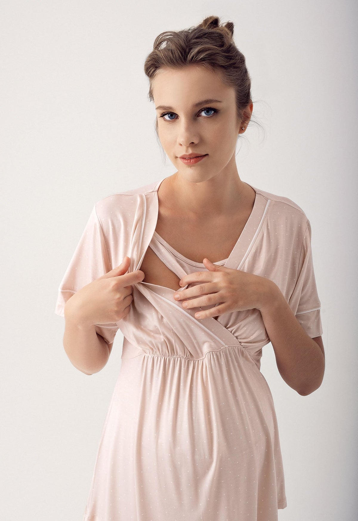 Polka Dot Double Breasted Maternity & Nursing Pajama Set Beige - 14206